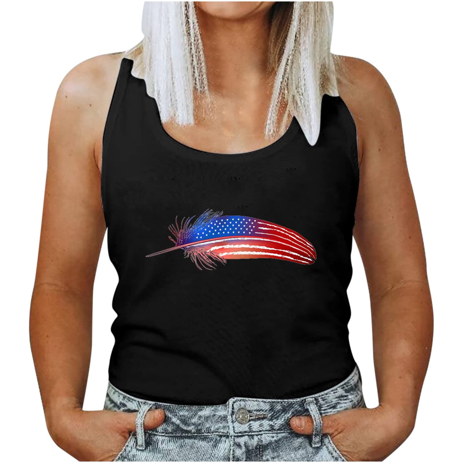 Women's Summer Tops - Round Neck Sleeveless Loose Vest with Patriotic Independence Day Print | Casual Beachwear & 4th of July Outfit