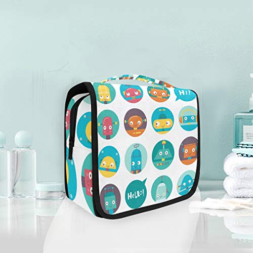 Foldable Hanging Toiletry Bag with Cute Robot Stickers - Waterproof Travel Makeup Organizer for Women & Girls - Perfect for Bathroom, Gym, and Travel Accessories Storage