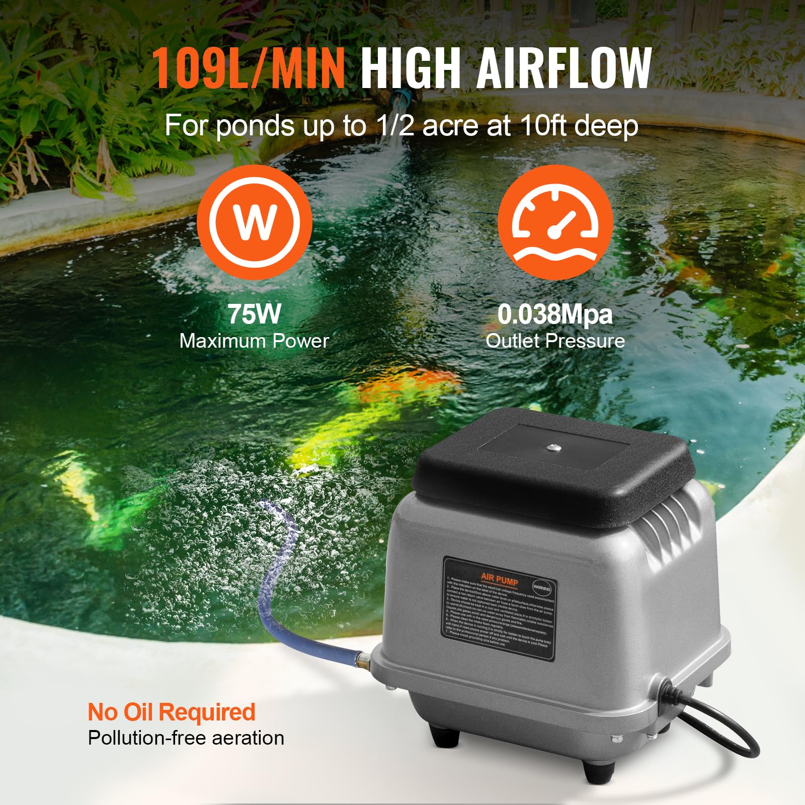VEVOR Linear Air Pump 109L/Min High Flow Septic Aerator Pump - Aeration System for 1/2 Acre Ponds (10ft Deep), Water Gardens, Waste Treatment, Septic Tanks, Aquariums & Fish Farms - Ideal for Backyard Ponds, Commercial Aquaculture & Seafood Restaurants