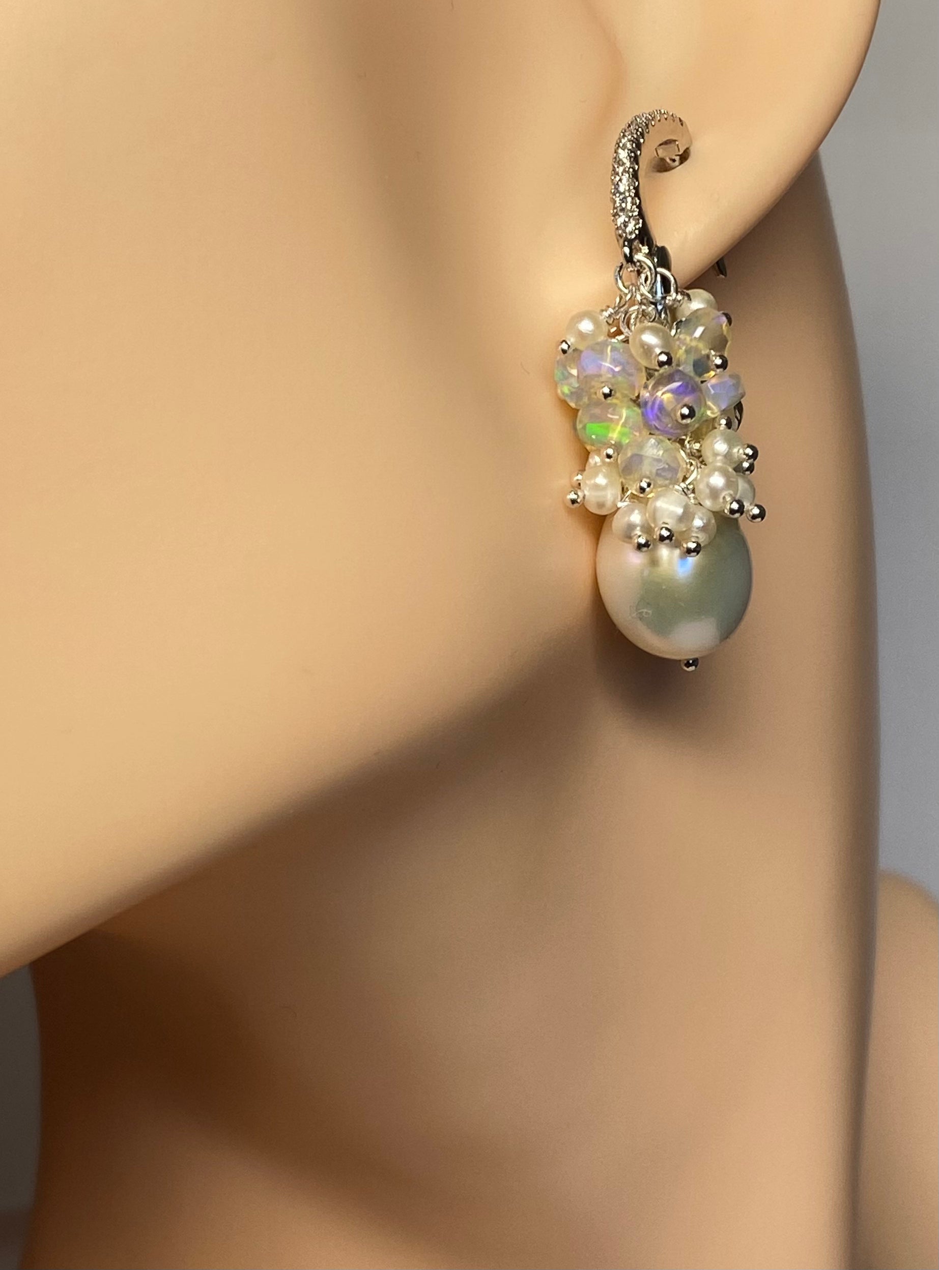 Pearl and Opal Cluster Earrings Sterling Silver - Elegant Dangle Earrings for Women, Perfect for Weddings, Parties & Special Occasions