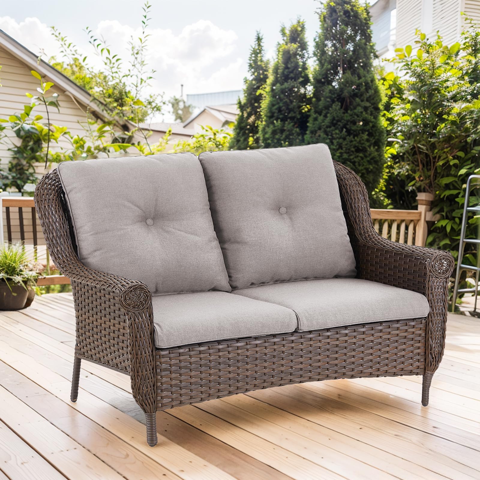 Brown Rattan Patio Loveseat with Water-Resistant Beige Cushions & Chrysanthemum Armrests - Outdoor Wicker Sofa for Garden, Balcony, Backyard & Poolside Relaxation (1PC) - Perfect for Lounging, Sunbathing & Entertaining Guests