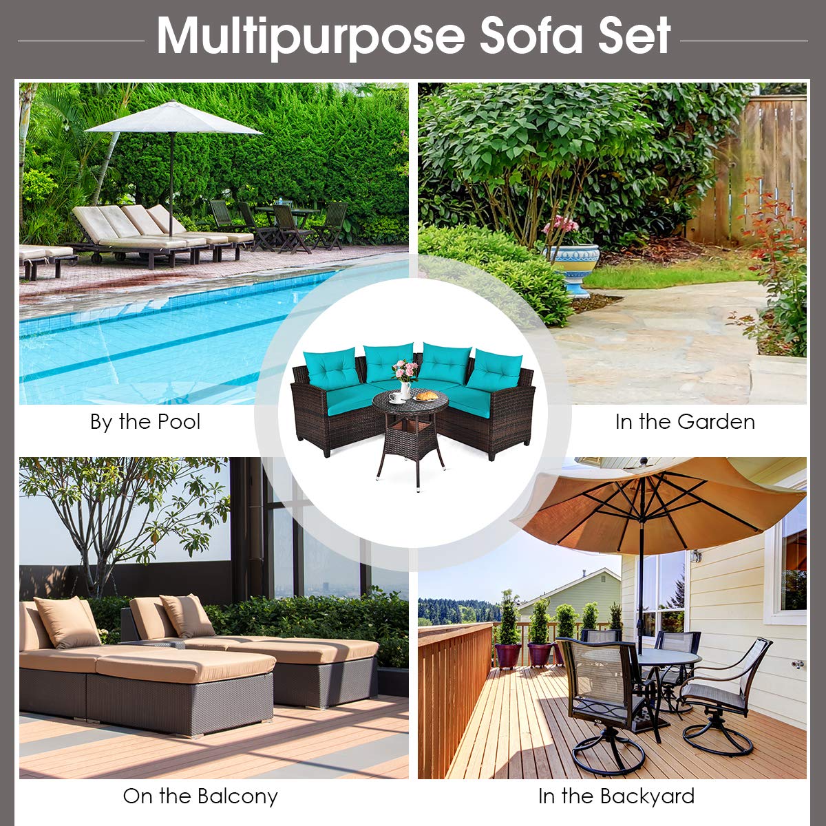 HAPPYGRILL 4-Piece Outdoor Patio Furniture Set - Rattan Wicker L-Shaped Sectional Sofa with Cushions & Coffee Table - Weather-Resistant Garden, Poolside, Balcony Conversation Set for Relaxing & Entertaining