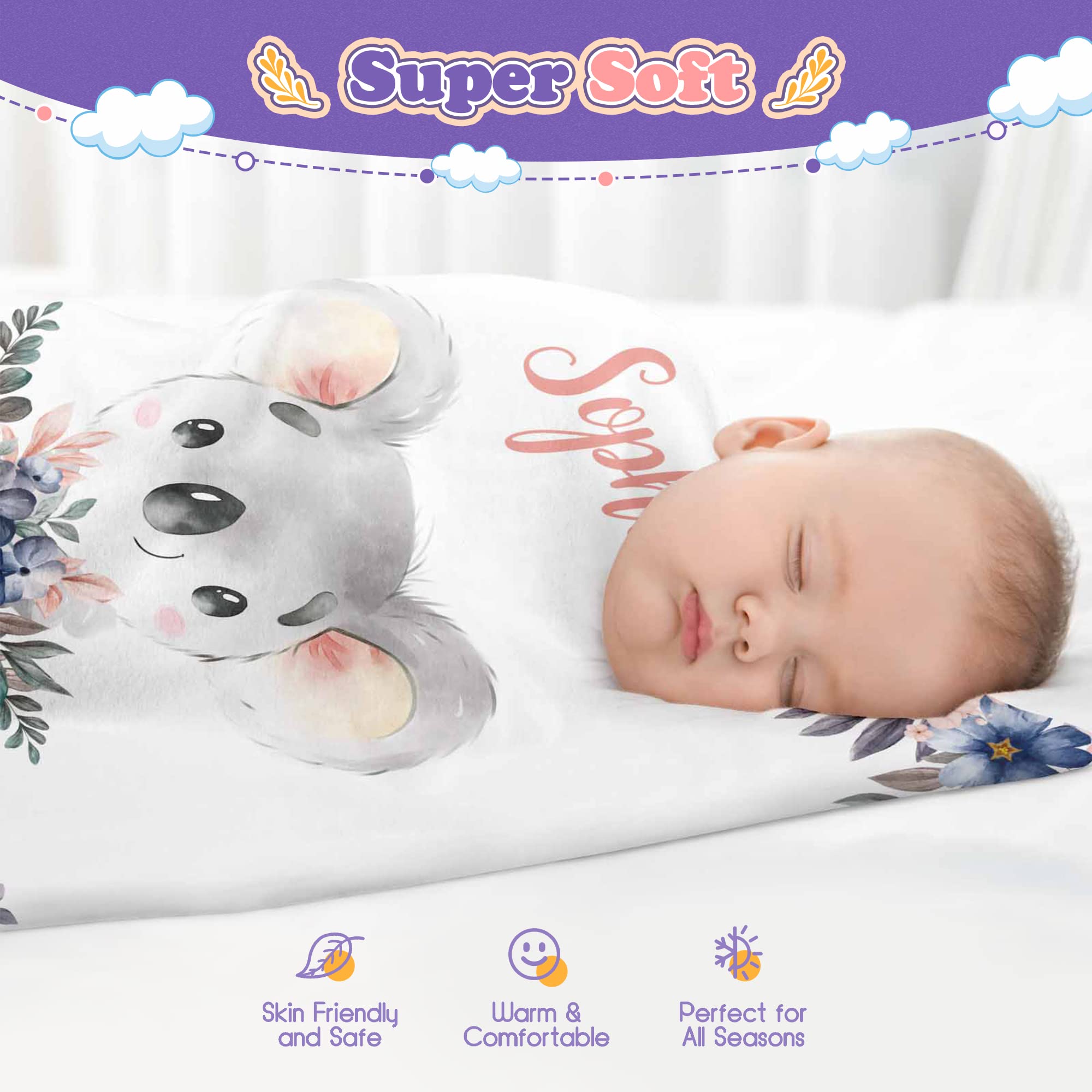 **Personalized Baby Blanket for Girls with Name - Custom Koala Design Newborn Gift, 30