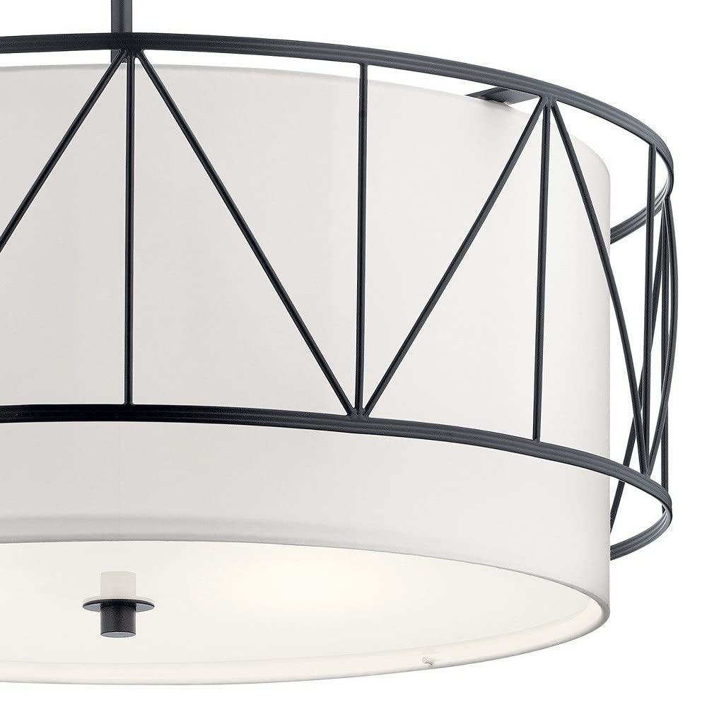 4-Light Modern Geometric Cage Drum Pendant Light Fixture with Satin Etched Glass - Black Chandelier for Dining Room, Kitchen Island & Living Room Lighting