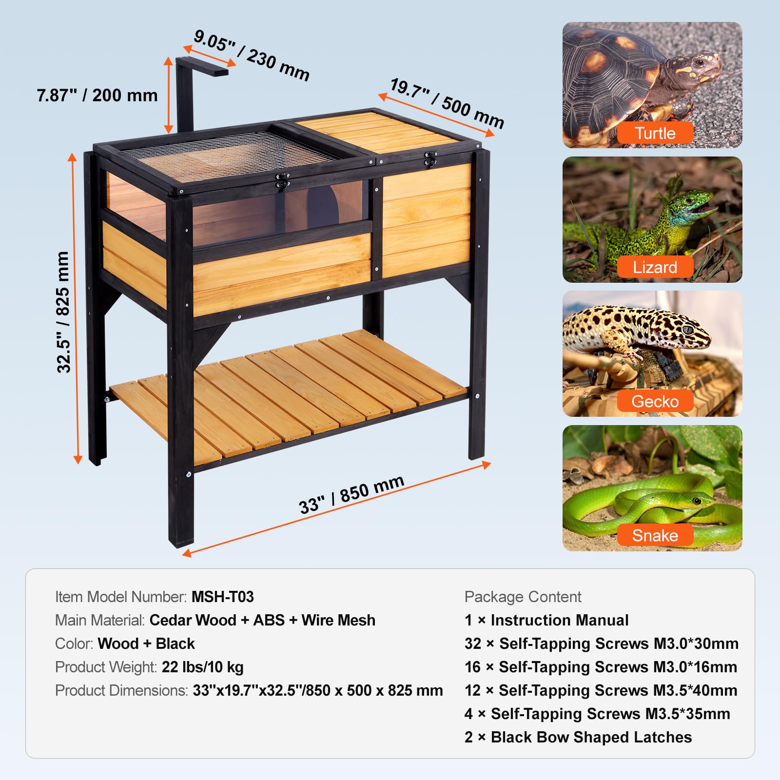 VEVOR Cedar Wooden Tortoise Habitat - Indoor & Outdoor Reptile Enclosure with Light Stand & Legs for Geckos, Lizards, Snakes | Durable Small Animal Cage for Pet Turtles & Tortoises - Perfect for Backyard Gardens, Terrariums & Reptile Shelters