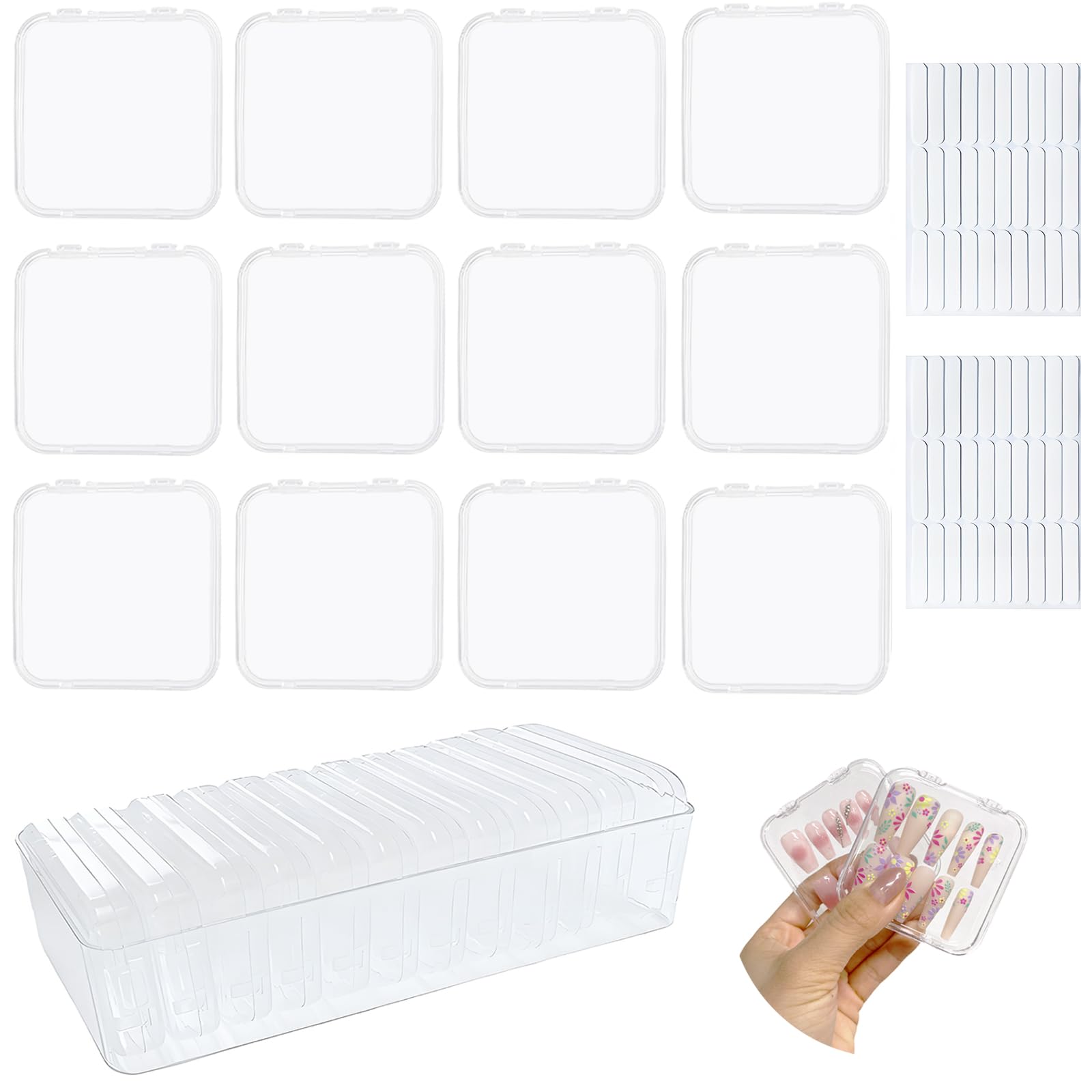 12 Pcs Clear Press On Nail Storage Box - False Nail Organizer Case with Double Sided Tape | Nail Art Display & Salon Business Supplies for Home & Professional Use