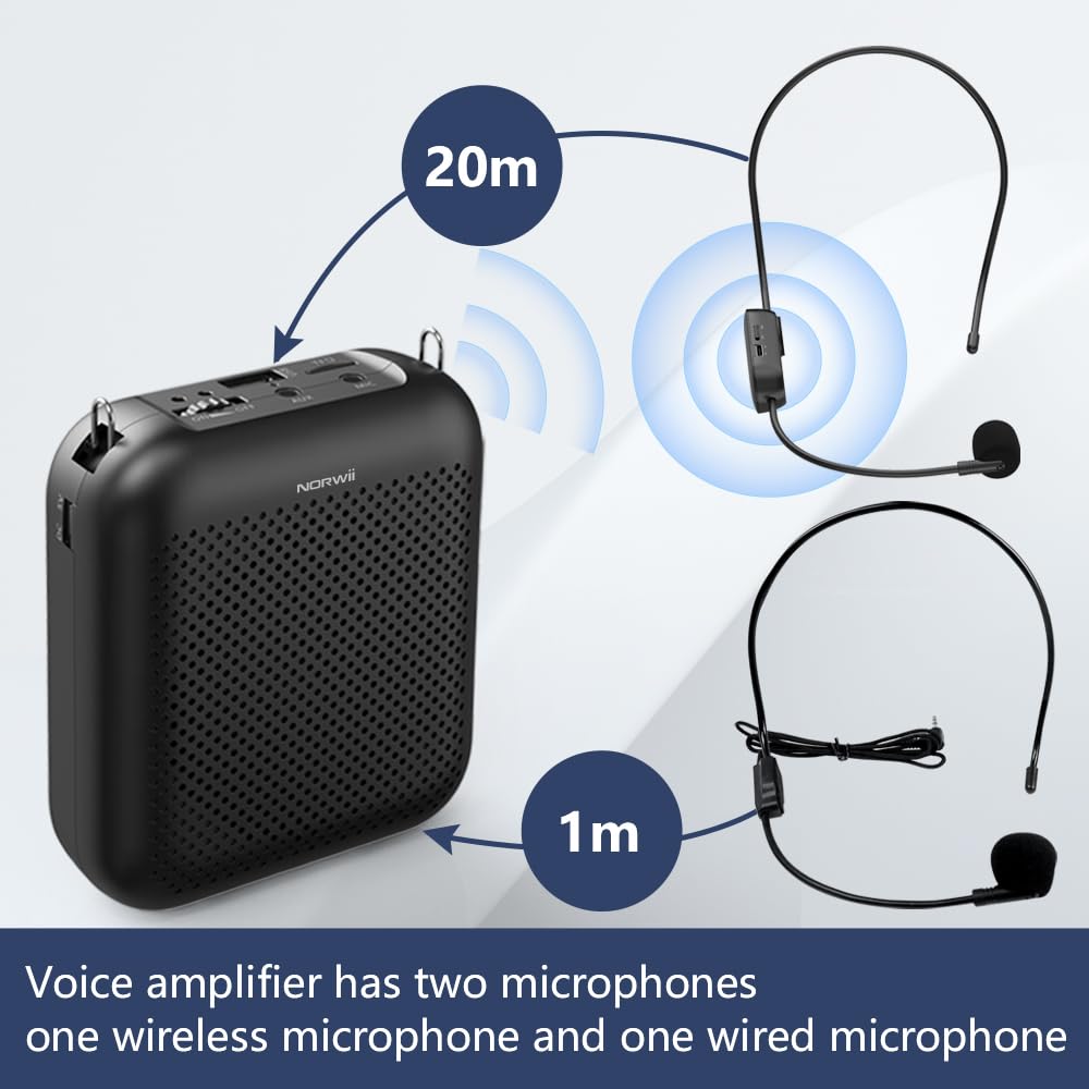 Norwii Wireless Voice Amplifier with Bluetooth - 4000mAh Rechargeable Portable Speaker & 2 Headset Mics for Teachers, Meetings, Presentations | Classroom, Outdoor Tours & Public Speaking (Black)