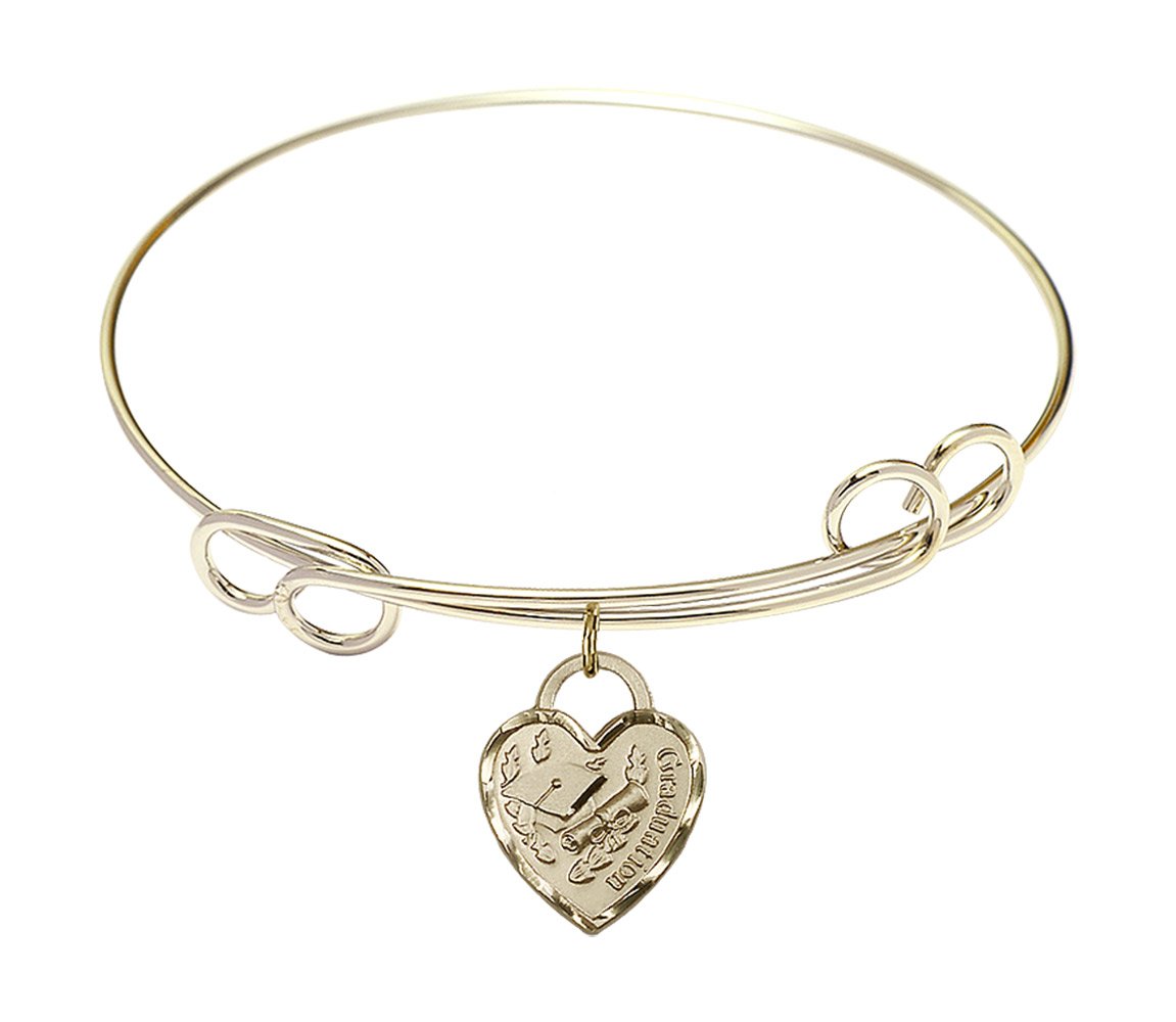 Gold-Filled Round Double Loop Bangle Bracelet with Graduation Heart Charm - Elegant Jewelry Gift for Women, Perfect for Graduation, Anniversary & Special Occasions