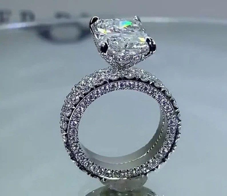 5 Carat Radiant Cut Diamond Bridal Ring Set | 14K White Gold Plated 925 Sterling Silver Wedding Eternity Band with Hidden Halo | Handmade Engagement Ring for Women | Perfect for Proposals, Anniversaries & Special Occasions