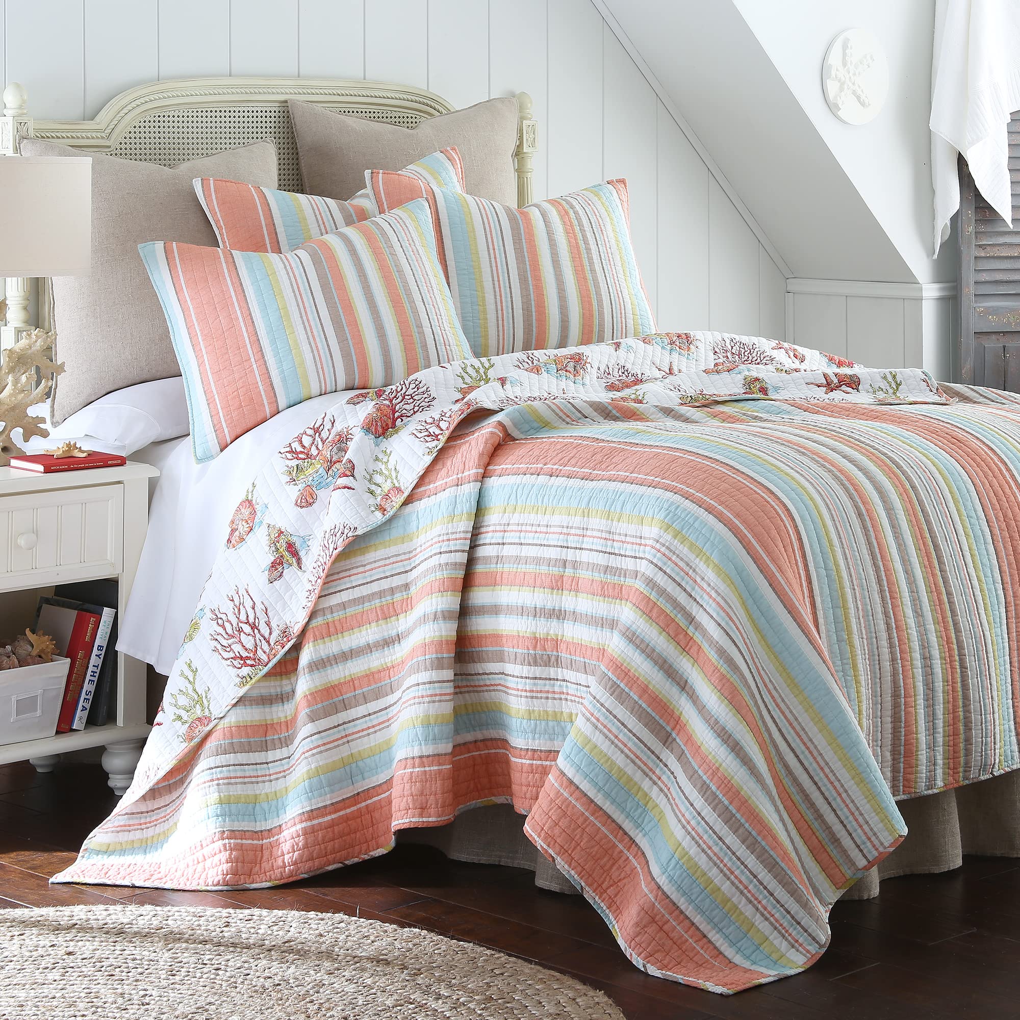 Levtex Home Brighton Coral Full/Queen Cotton Quilt Set - Striped Coastal Bedding for Beach House, Guest Room & Master Bedroom Decor