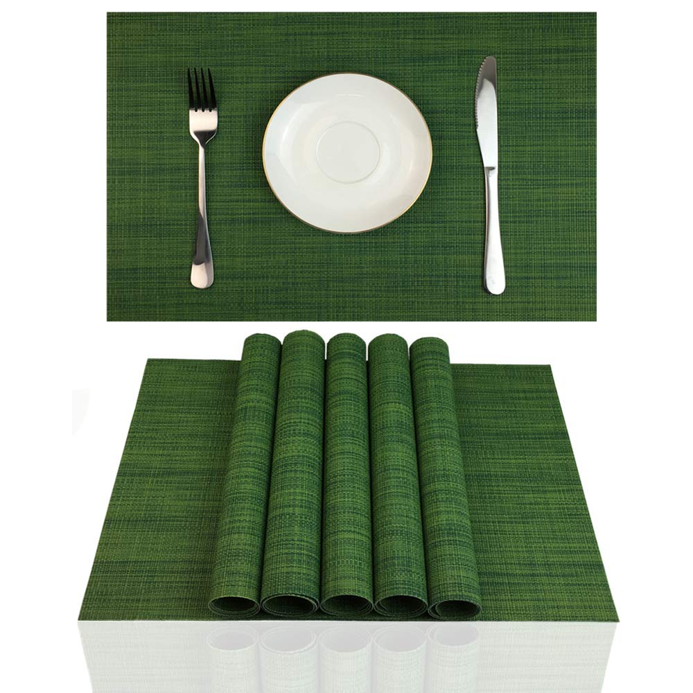 6-Pack Stain-Resistant PVC Placemats for Dining Table - Washable, Wipeable Vinyl Table Mats in Algae Green - Perfect for Kitchen, Dining Room, and Outdoor Entertaining