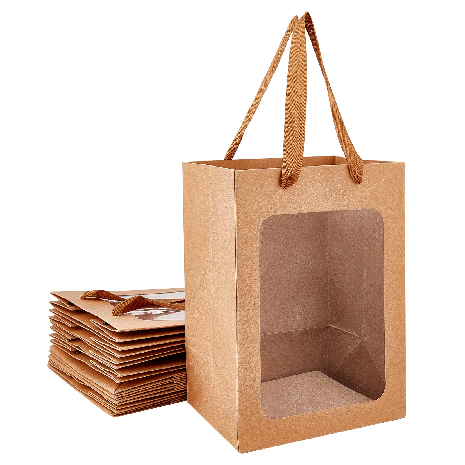 BENECREAT 10 Pack Brown Kraft Paper Bags with Window - Gift & Storage for Christmas, Flowers, Food