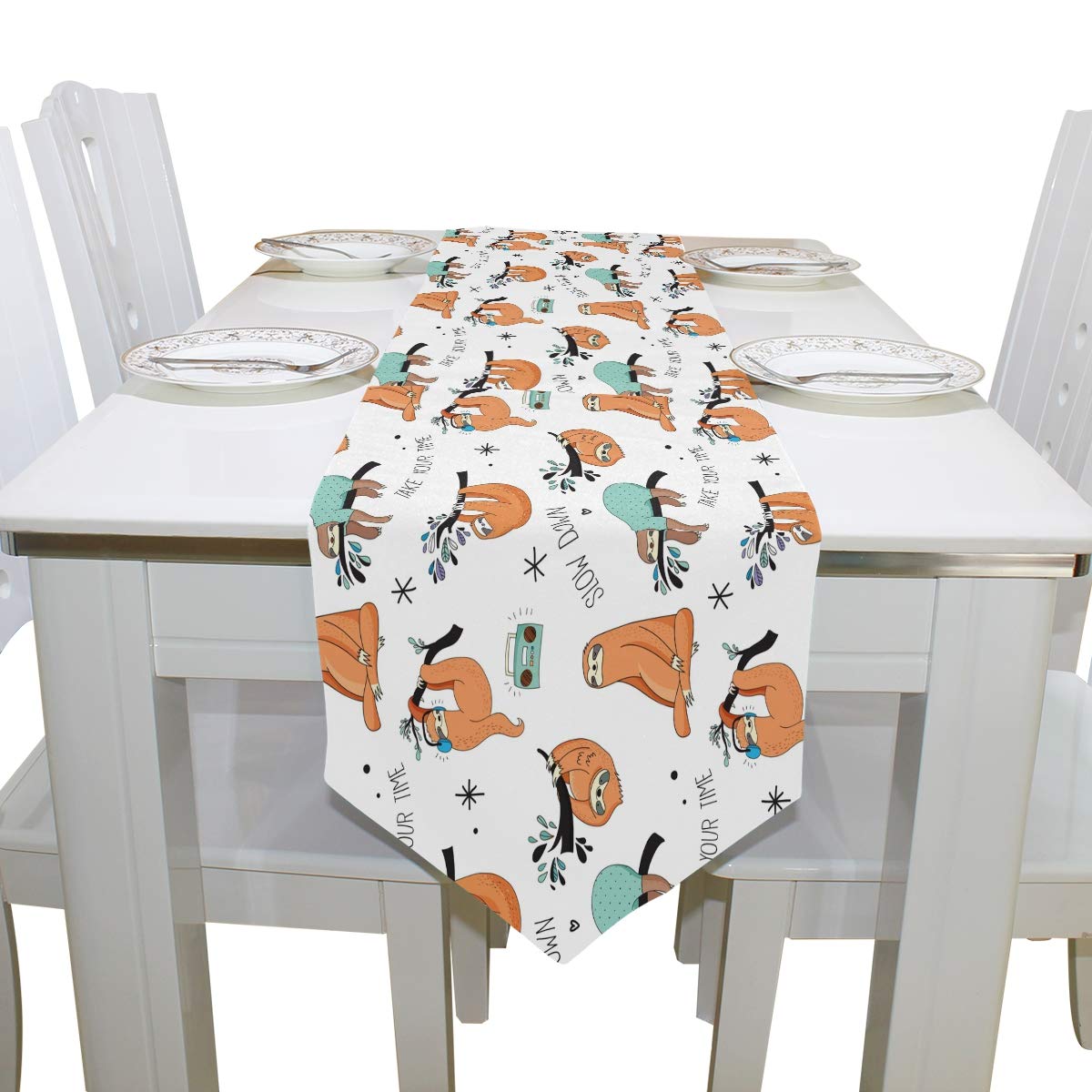 AUUXVA 13x70 Inches Long Table Runner - Cute Sloth & Floral Pattern Polyester Tablecloth for Dining, Kitchen, Coffee Table | Perfect for Home Decor, Parties, Banquets & Holiday Celebrations