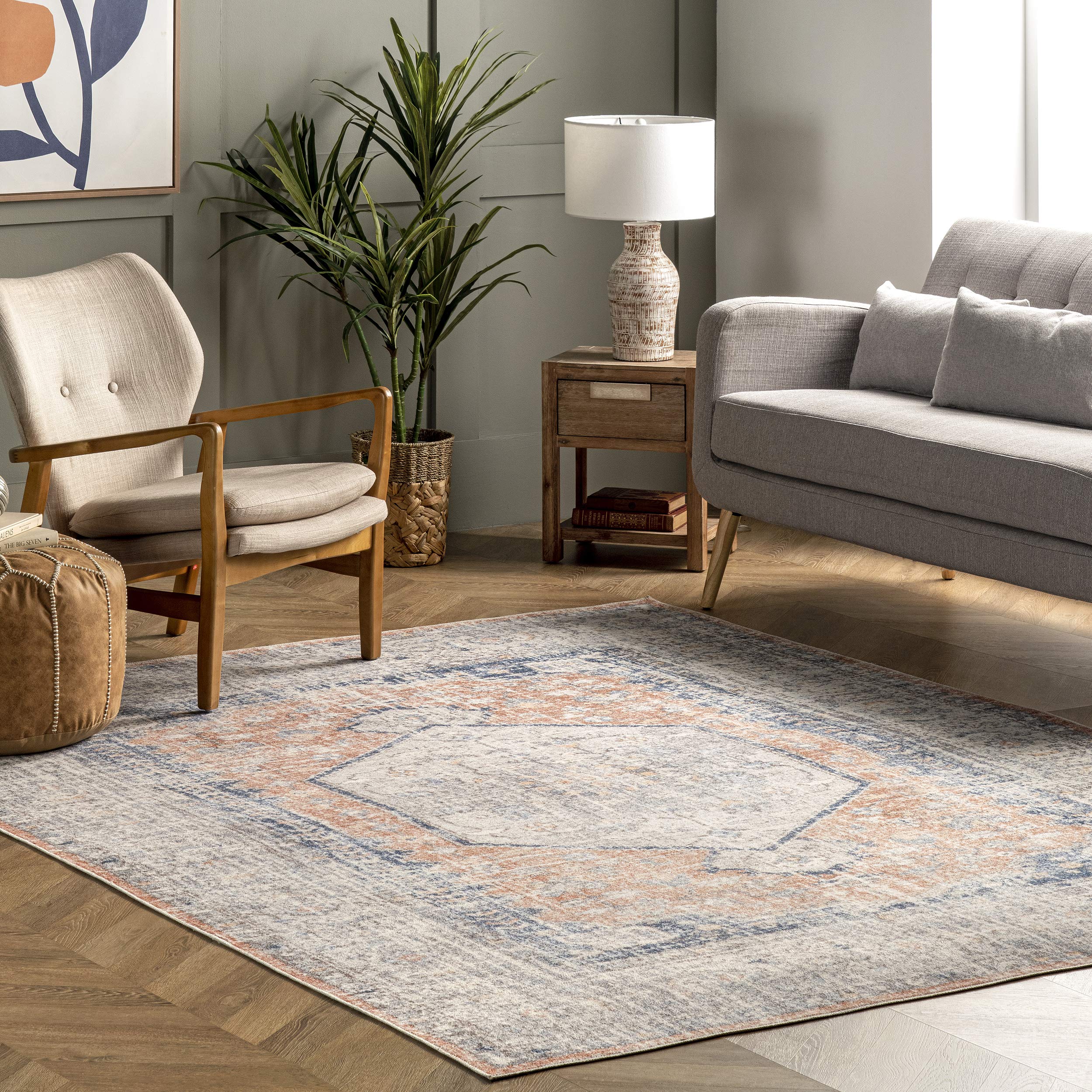 nuLOOM Jacquie Machine Washable Vintage Floral Area Rug 8' x 8' Square Peach - Perfect for Living Room, Bedroom & Home Decor