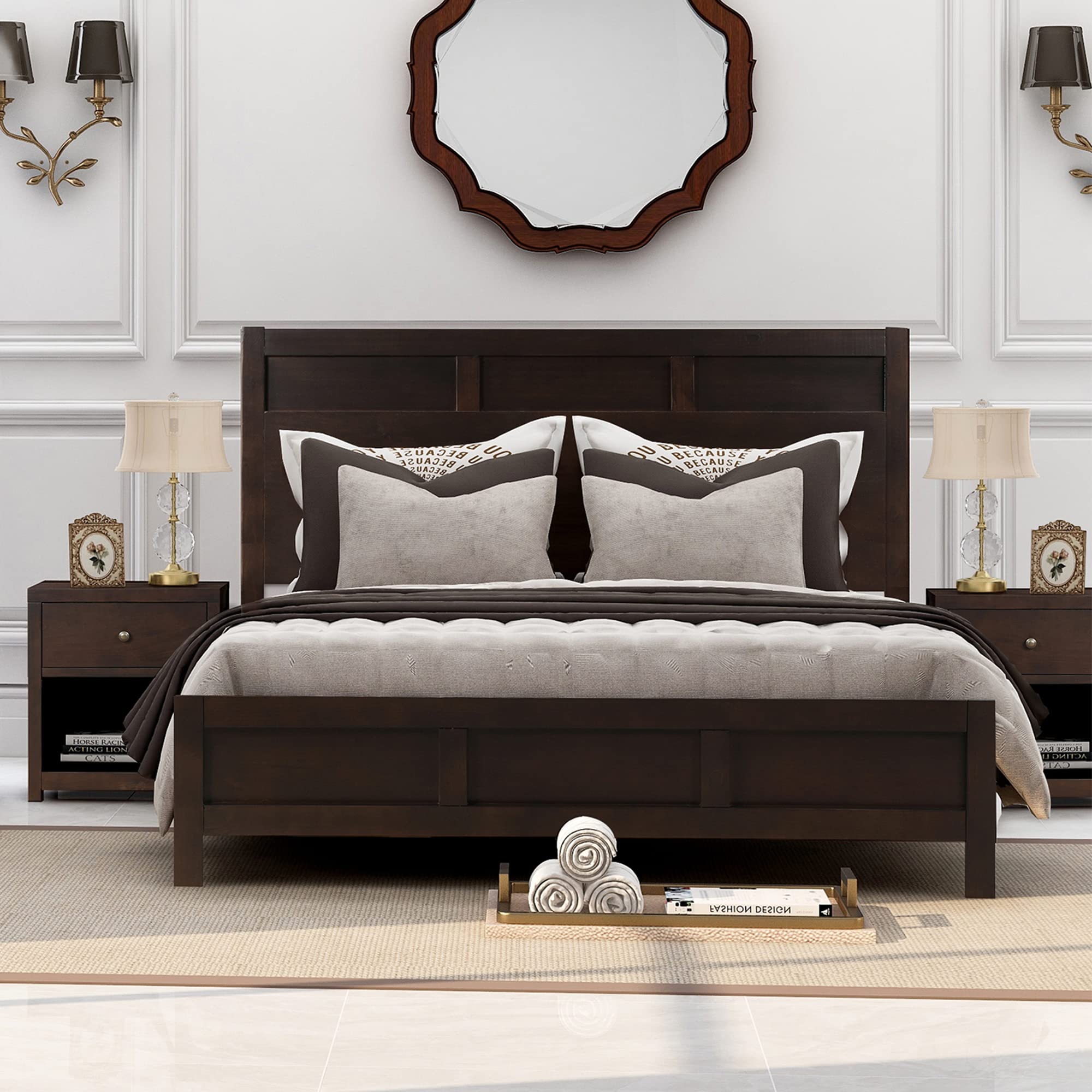 Solid Wood 3-Piece King Bedroom Set with Platform Bed & 2 Nightstands - Classic Rich Brown Rustic Farmhouse Style for Traditional Bedroom Decor | Perfect for Master Suites, Guest Rooms & Cozy Farmhouse Interiors