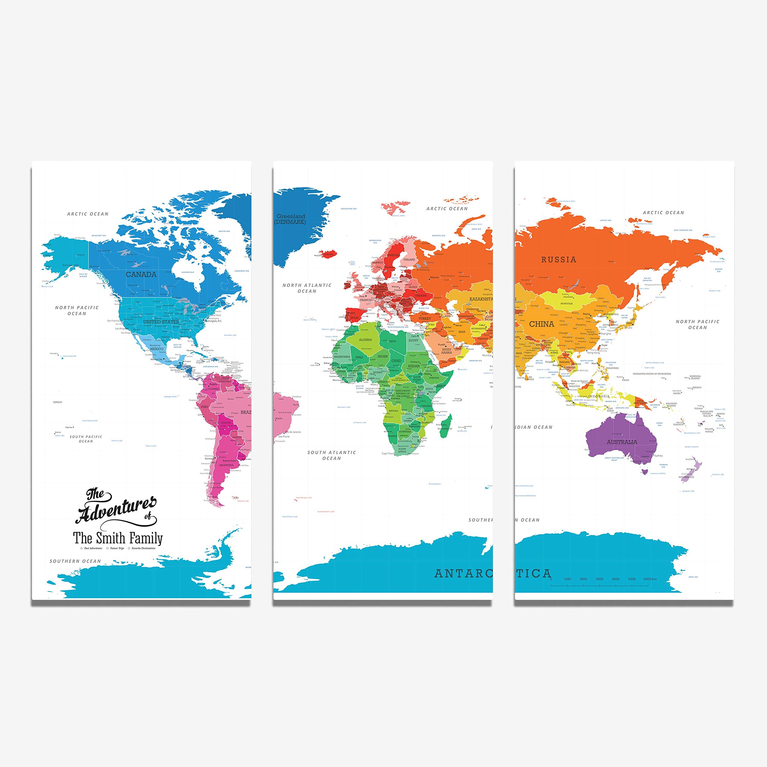 3-Panel Colorful World Travel Map with Push Pins - Gallery Wrapped Canvas Wall Art for Home & Office Decor - Perfect for Travel Enthusiasts, Geography Lovers & Interior Design
