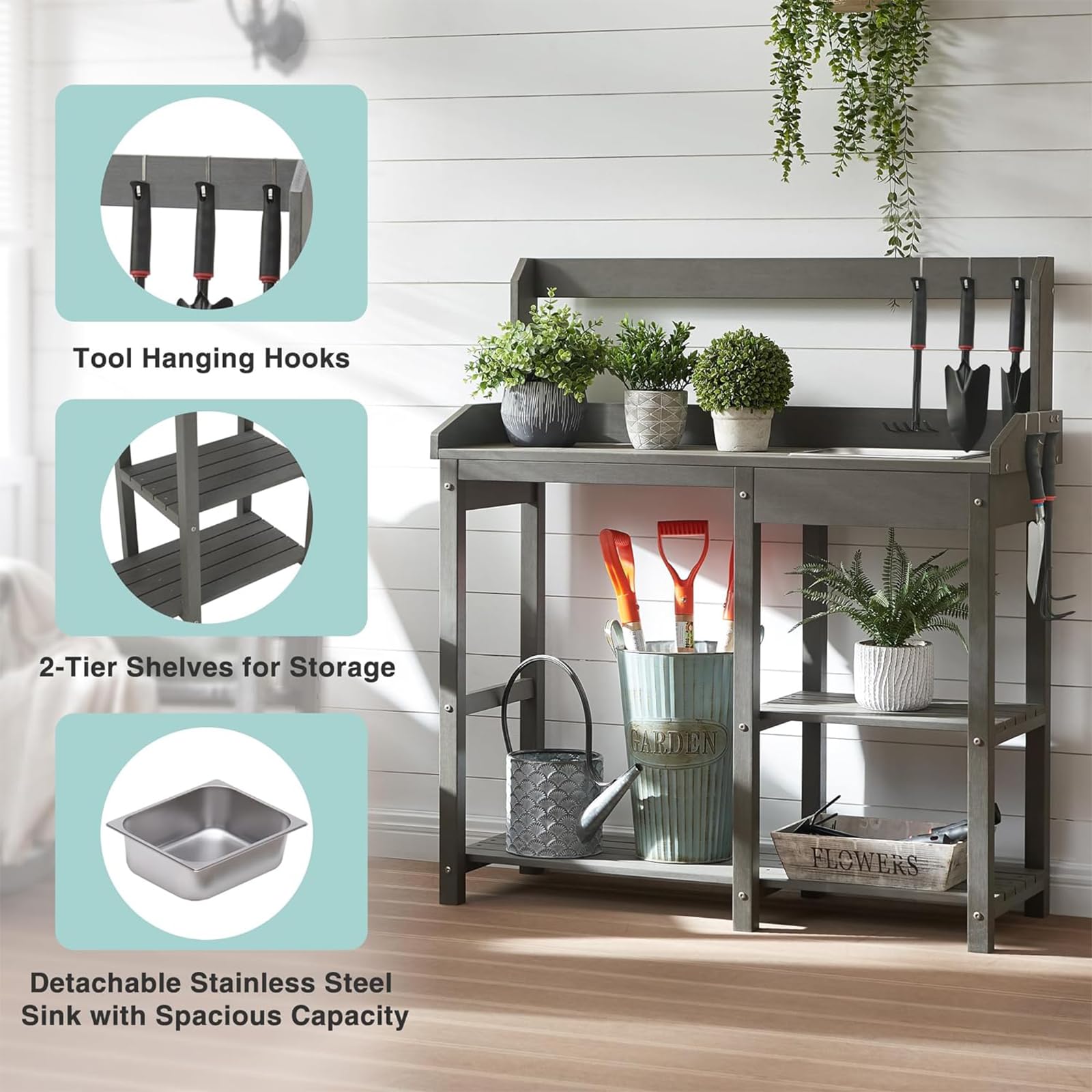 EFURDEN Patio Garden Potting Bench Table - Durable Poly Lumber Outdoor Workstation with Removable Sink & Open Storage Shelf | Perfect for Gardening, Planting, and Outdoor DIY Projects