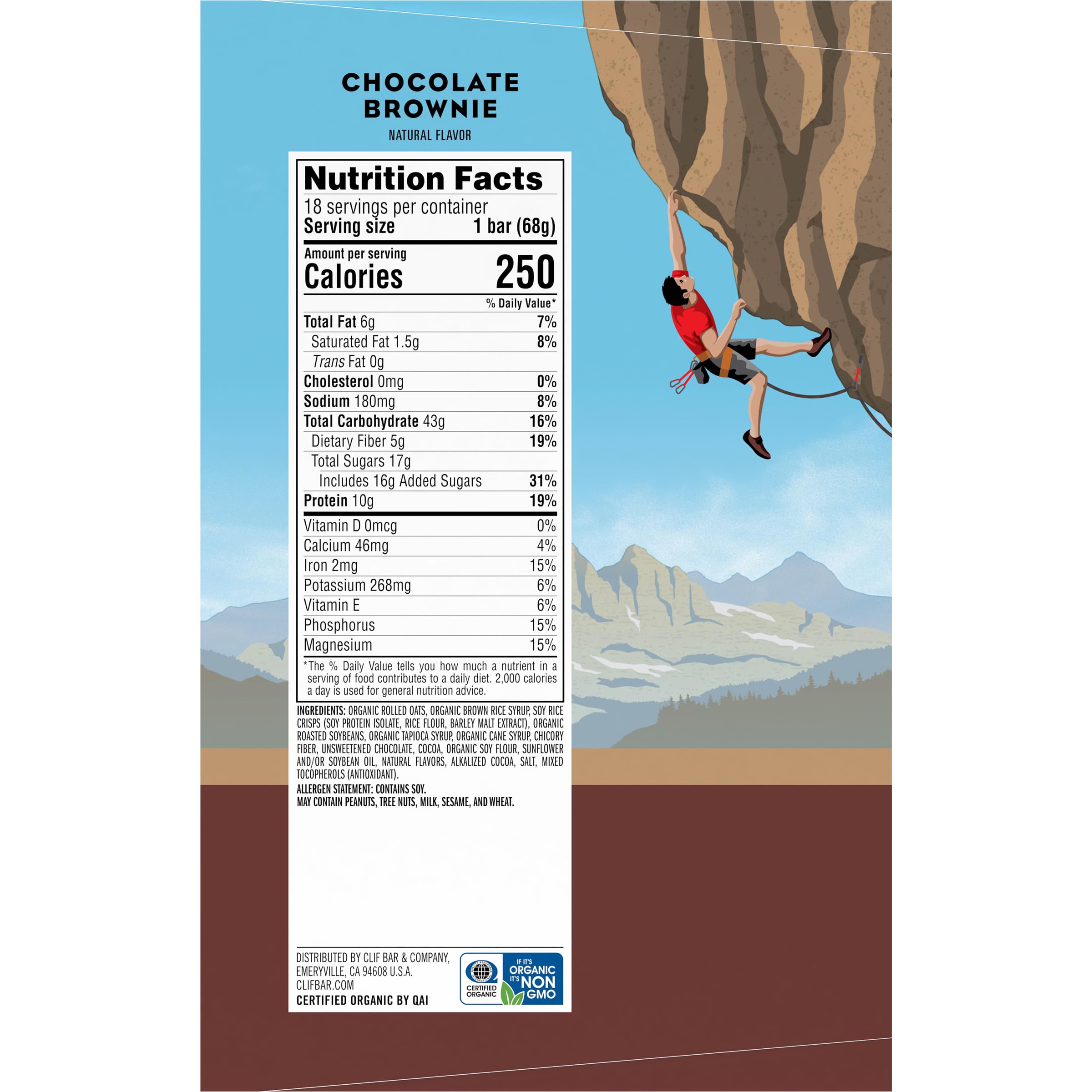 Clif Bar Chocolate Brownie - 10g Protein Energy Bar - Organic Oats - for Hiking & Workouts