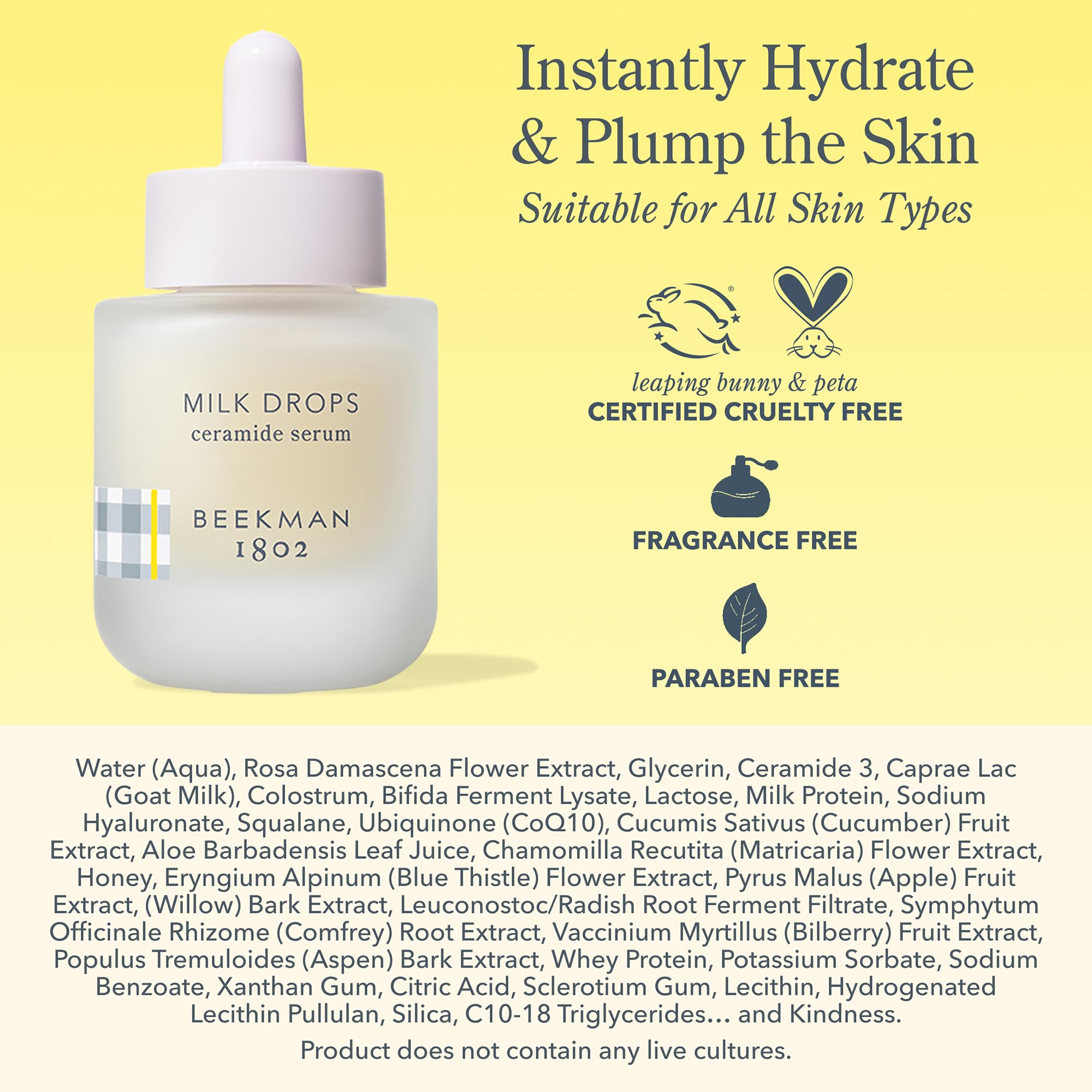 Beekman 1802 Ceramides Face Serum with Hyaluronic Acid, Squalane & Goat Milk - Fragrance Free Hydrating Serum for Glowing Skin - Cruelty Free & Vegan - Perfect for Dry Skin, Night Routine & Anti-Aging Care