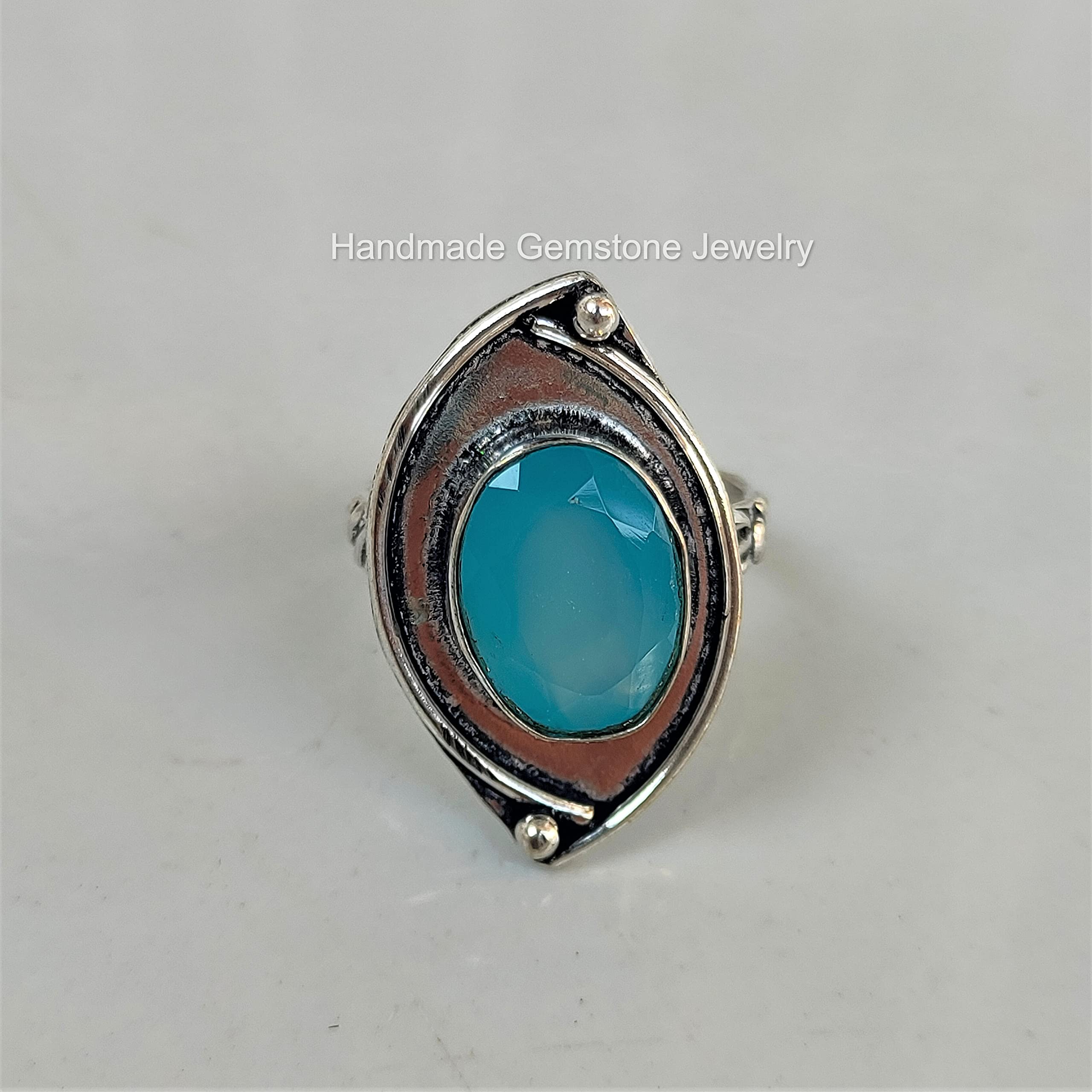 Blue Chalcedony Ring - Oval Faceted Stone Designer Band for Wedding, Promise & Unisex Jewelry | Unique Handcrafted Gemstone Ring for Everyday Wear & Special Occasions