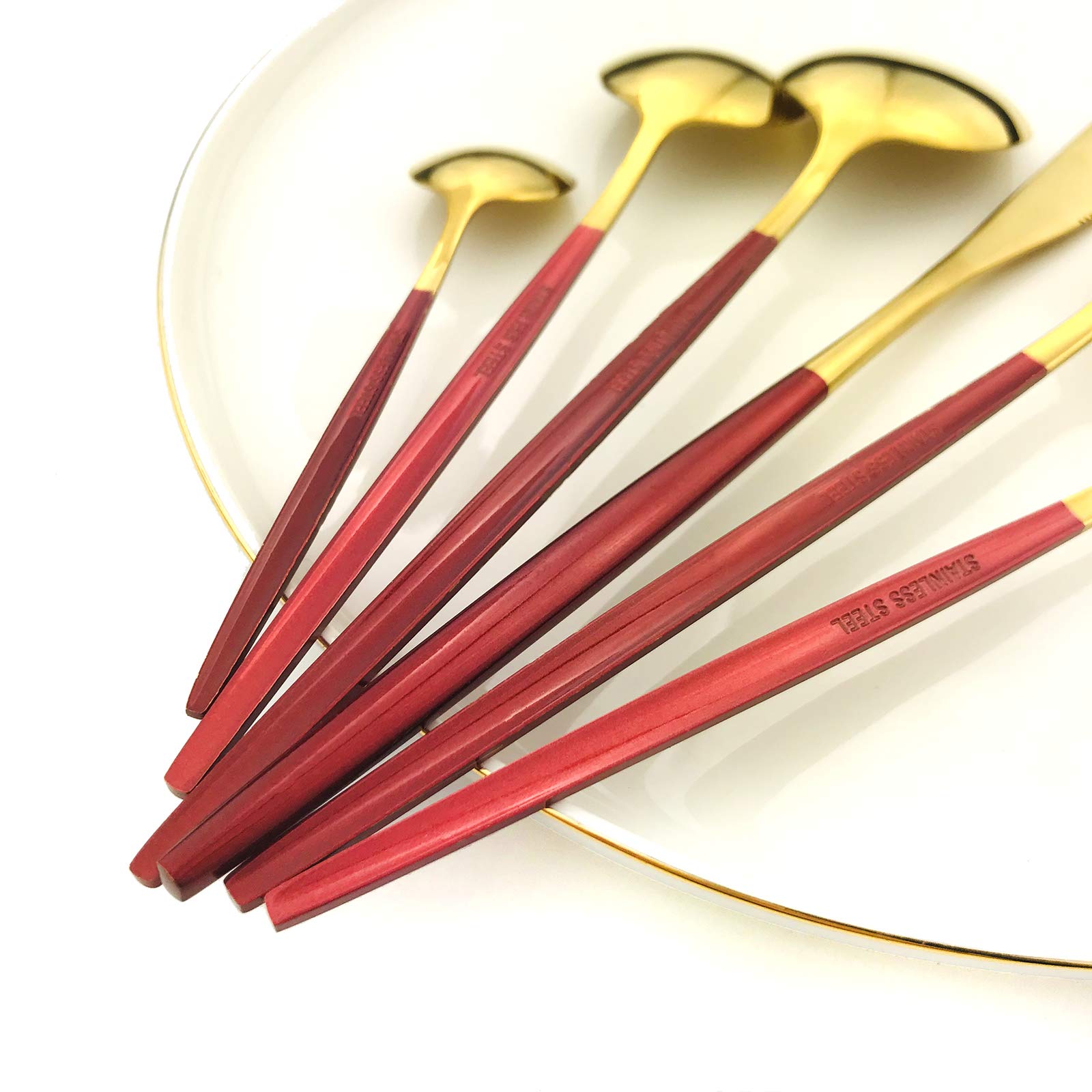 24-Piece Gold Mirror Silverware Flatware Set with Red Handle - 18/0 Stainless Steel Cutlery (Knife, Fork, Spoon, Teaspoon) - Service for 4 - Elegant Dinnerware for Holiday Entertaining, Wedding Gifts & Formal Dining