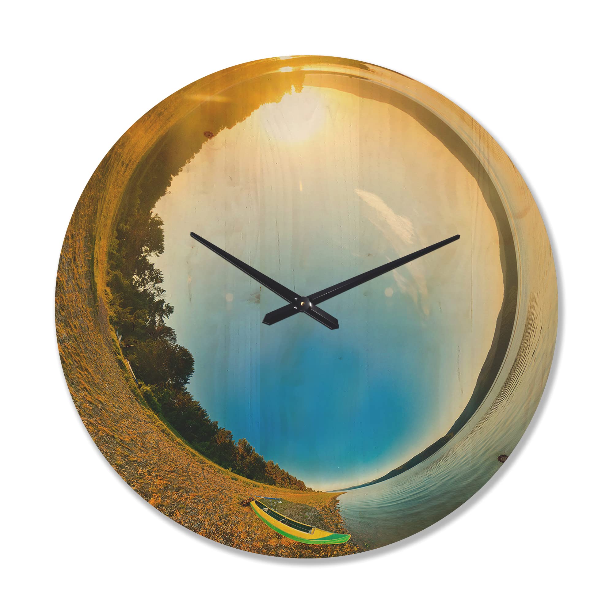 DesignQ 'Kayak at River Bank Little Planet' Modern Wood Wall Clock - Large Decorative Oversized Wooden Clock for Living Room, Bedroom & Office Décor - Perfect for Home, Office & Gifts