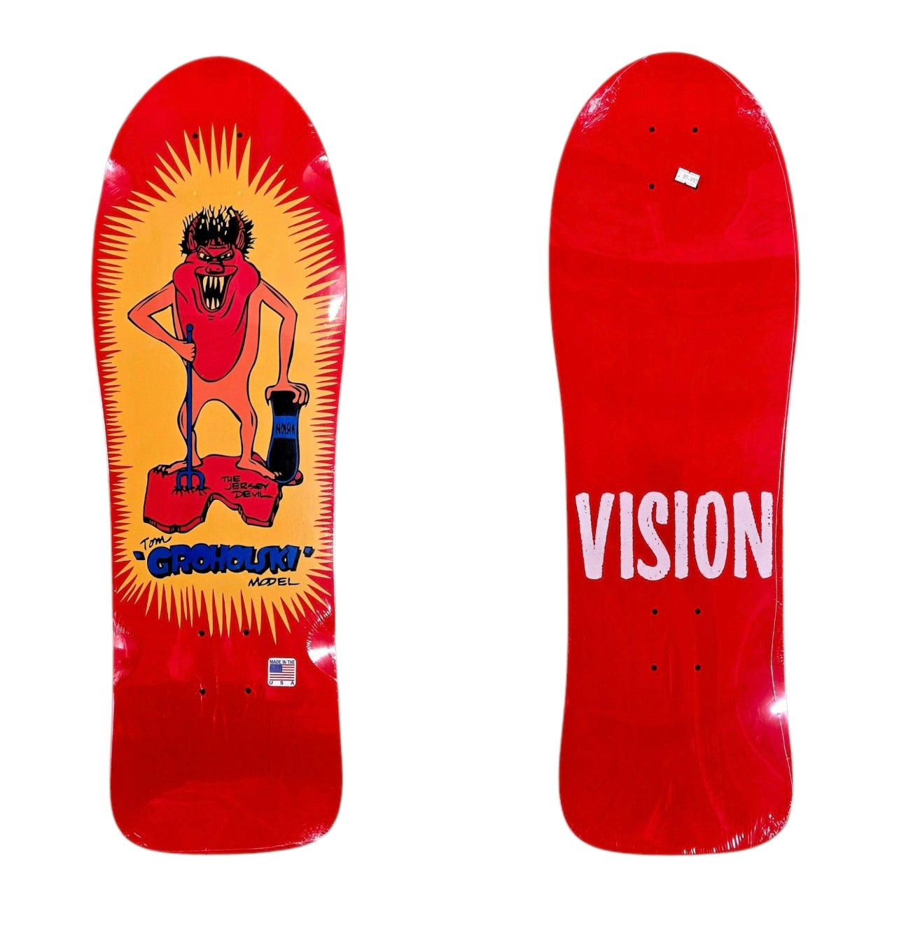 NEW Vision Tom Groholski Jersey Devil Reissue Skateboard Deck - Red/Yellow | Vintage Skateboard for Collectors & Skaters | Perfect for Street Skating & Wall Art Display