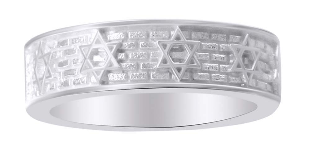 14k Gold Over Sterling Silver 6MM Star of David & Bricks Wedding Band Ring - Hanukkah Gift for Men & Women, Jewish Jewelry for Holidays, Weddings & Special Occasions