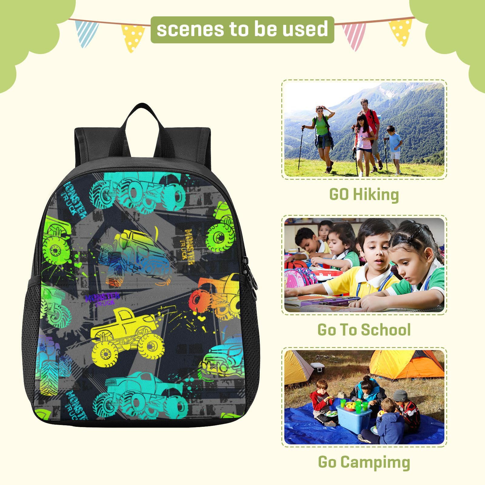 Waterproof Monster Truck Toddler Backpack for Boys & Girls - Cute Small Kindergarten Preschool Bag (Size S) - Perfect for Daycare, Travel & Outdoor Adventures