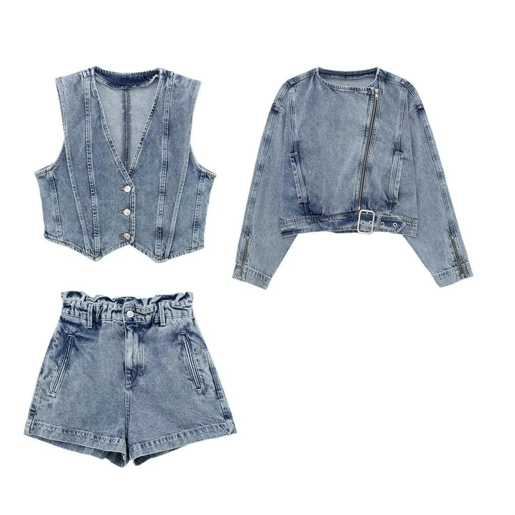 Women's Blue Denim 3-Piece Set - Long Sleeve Jacket, Vest & Flare Shorts | 2024 Vintage Jeans Outfit | Casual Streetwear, Spring Fashion, Weekend Brunch Outfit