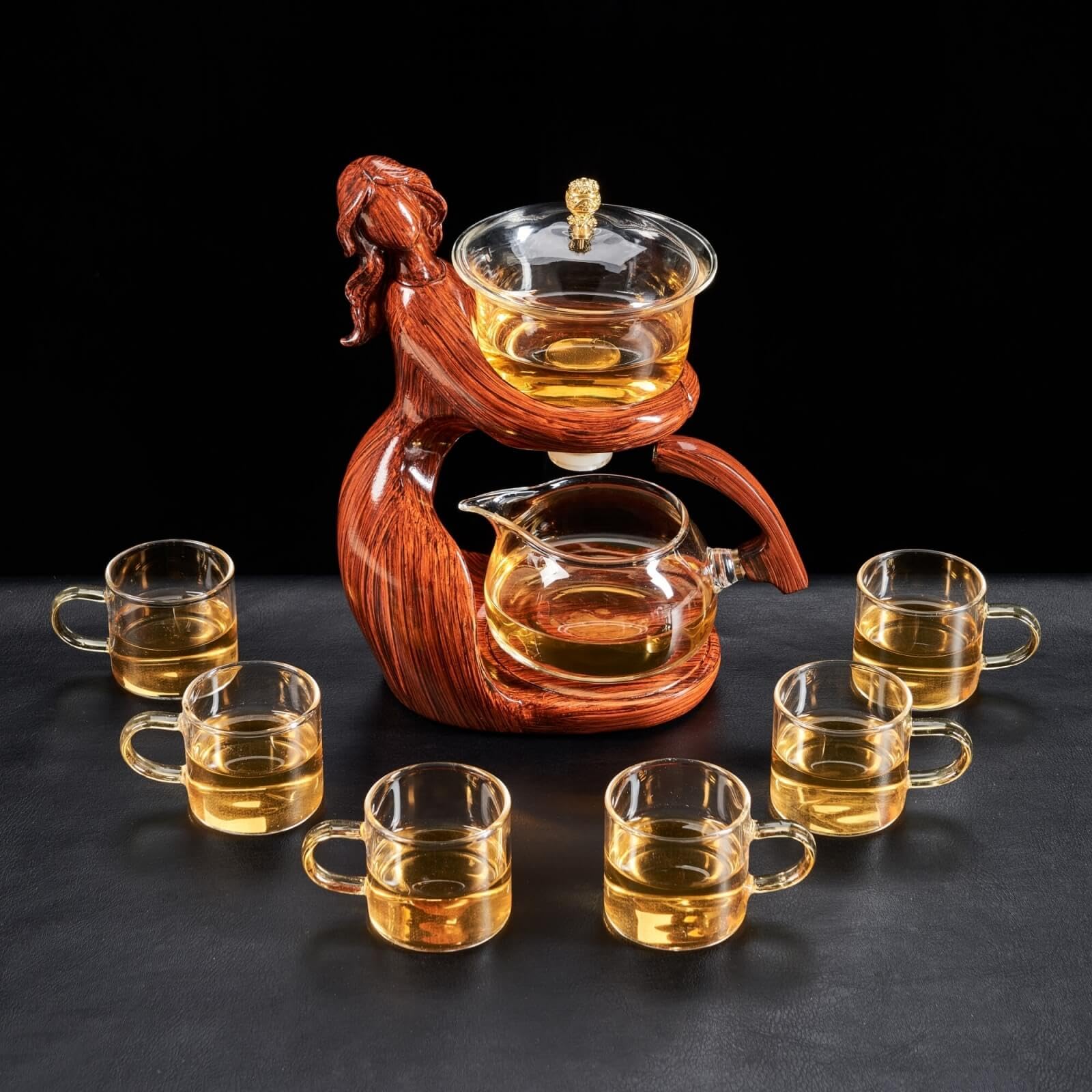 Premium Glass Kungfu Teapot Set with Infuser - Semi Automatic Tea Brewing Kit with 6 Small Cups (Red) - Perfect for Chinese Tea Ceremony, Home Tea Party & Gift Giving