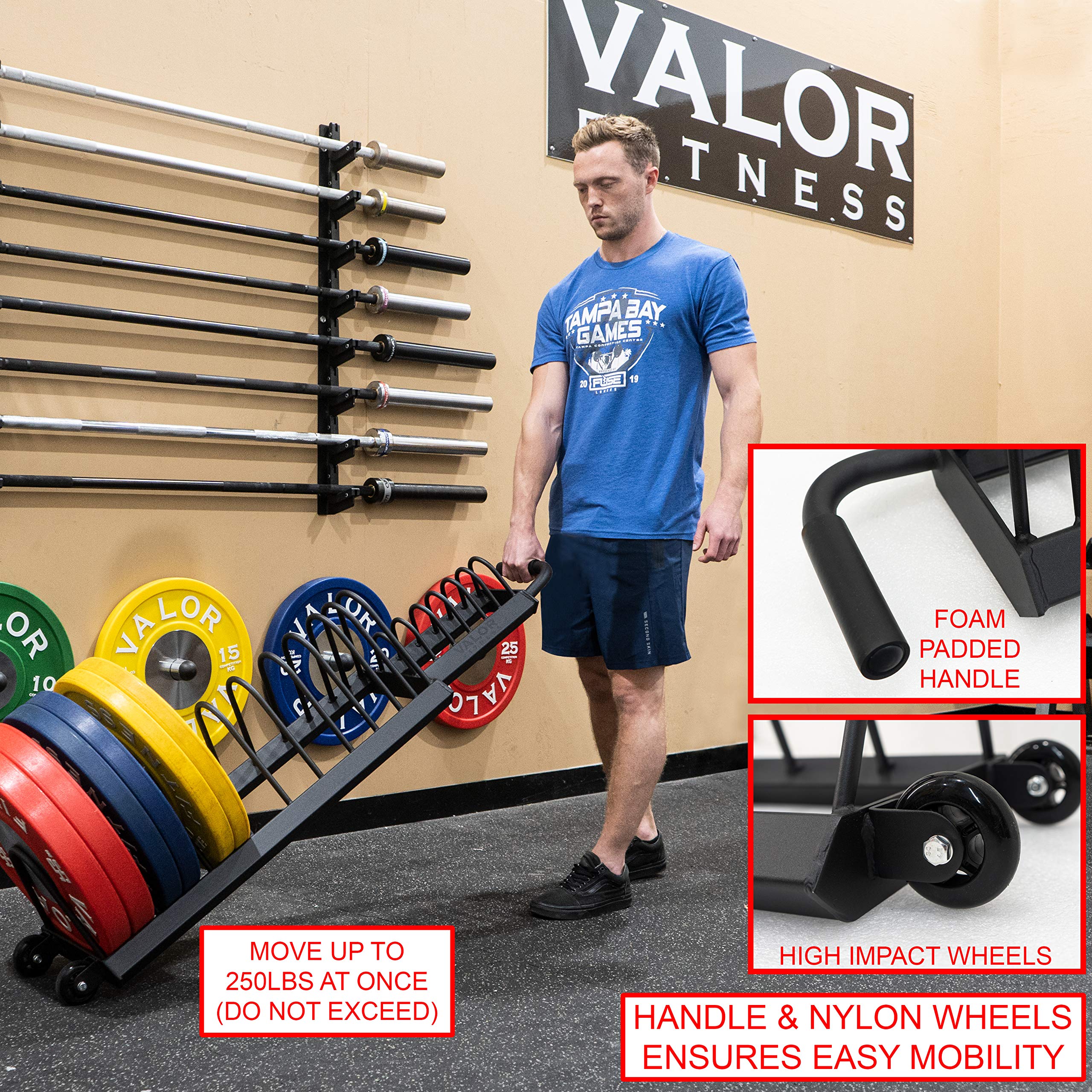 Valor Fitness Portable Bumper Plate Storage Rack - Heavy Duty Horizontal Weight Plate Organizer with Wheels for Home Gym (Holds up to 16 Olympic Bumper Plates) - Perfect for Garage Gym, CrossFit & Strength Training Workouts