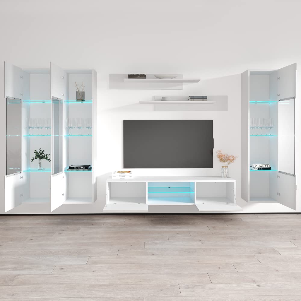Fly CD3 33-Inch Wall-Mounted TV Stand - Modern Floating Entertainment Center with Storage Shelves & LED Lights for Bedroom & Living Room - White | Space-Saving Media Console for Small Apartments & Home Theaters