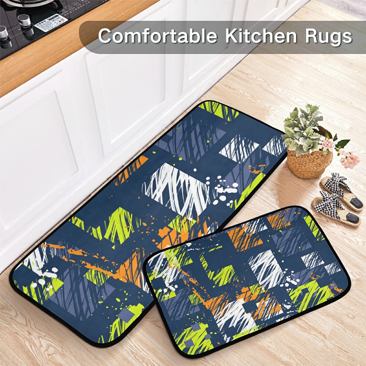 Abstract Grunge Squares Non-Slip Washable Kitchen Rugs Set of 2 - Anti-Skid Floor Mats for Kitchen Sink, Laundry Room & Home Decor | Perfect for High-Traffic Areas, Pet-Friendly Homes & Modern Farmhouse Style