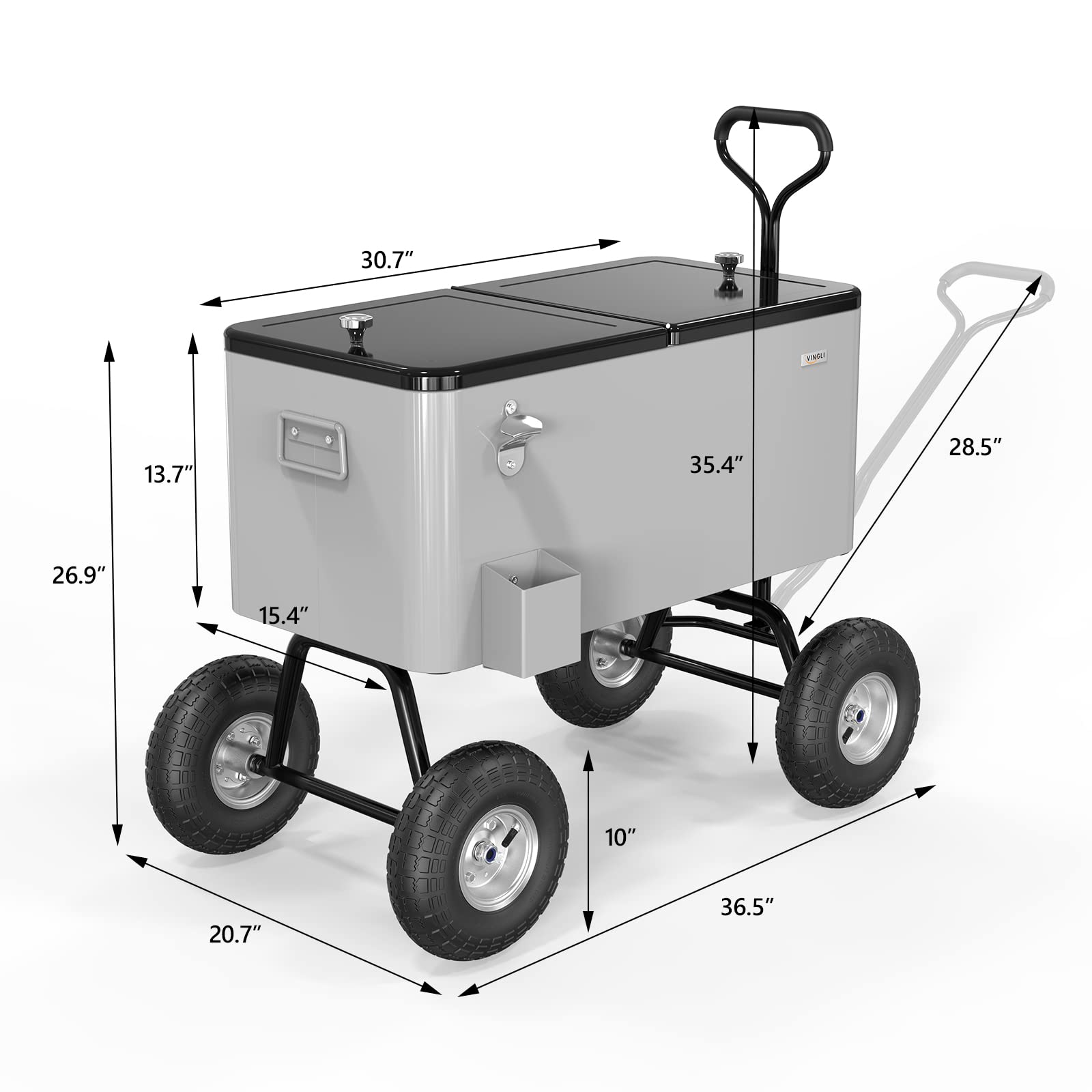 VINGLI 80 Quart Rolling Cooler with Wheels - Portable Ice Chest for Beach, Camping, Tailgating & Outdoor Parties - Heavy Duty Wagon Cooler with Long Handle & 10