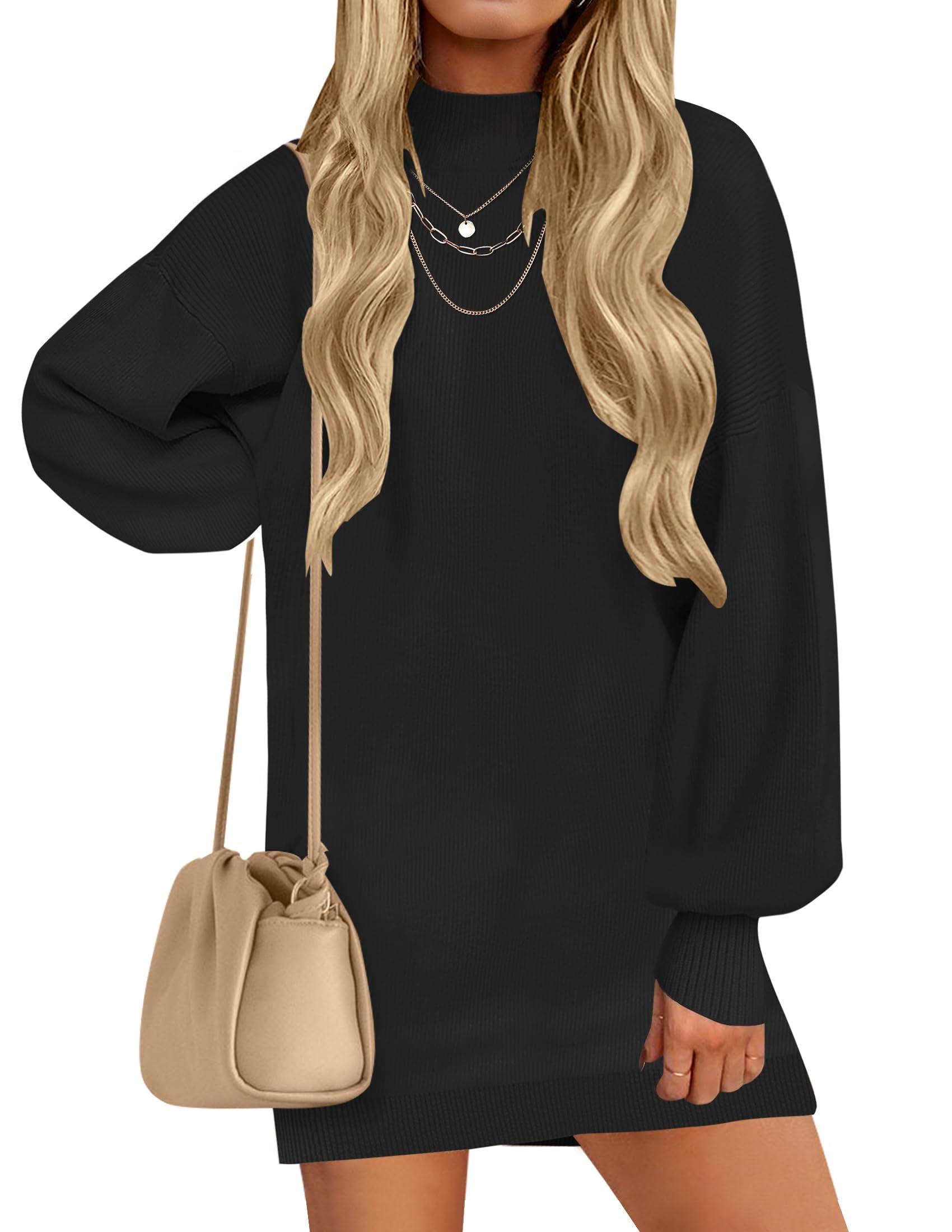 ZESICA Women's Oversized Turtleneck Sweater Dress - Long Lantern Sleeve Knit Pullover Short Dress for Spring & Fall - Casual Office Wear, Date Night Outfit, Weekend Brunch Fashion