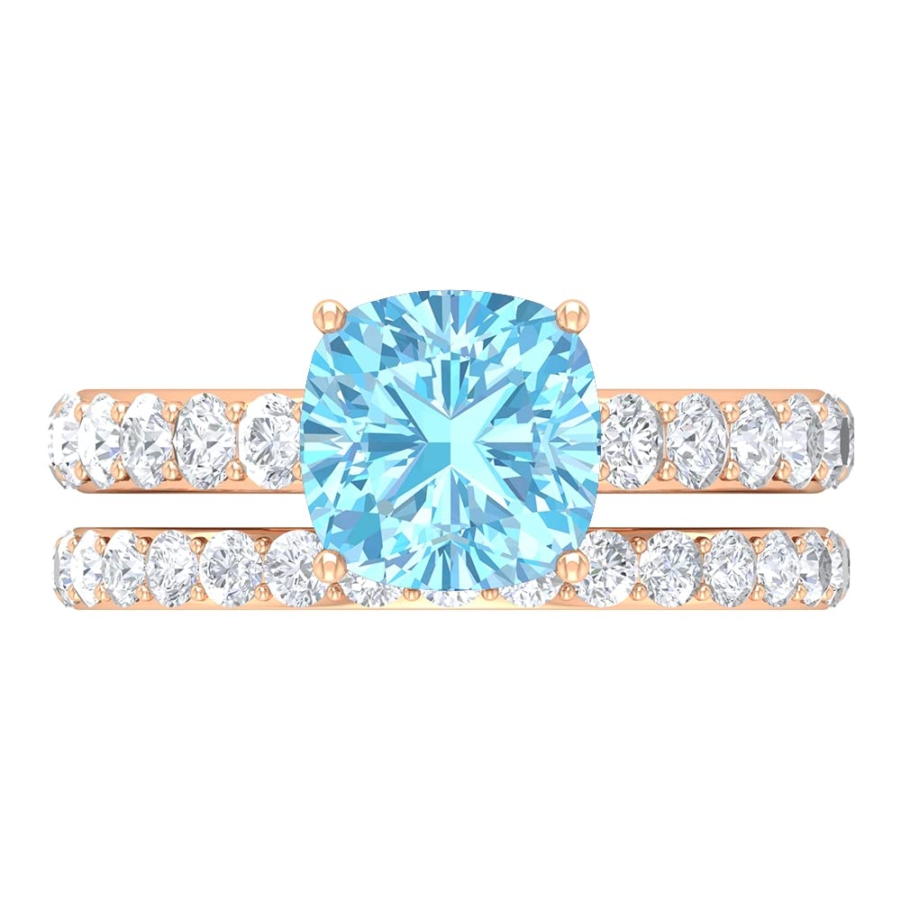 14K Solid Gold Aquamarine & Moissanite Ring Set - Cushion Cut Solitaire Engagement & Wedding Ring for Women - Perfect for Proposals, Anniversaries, and Special Occasions
