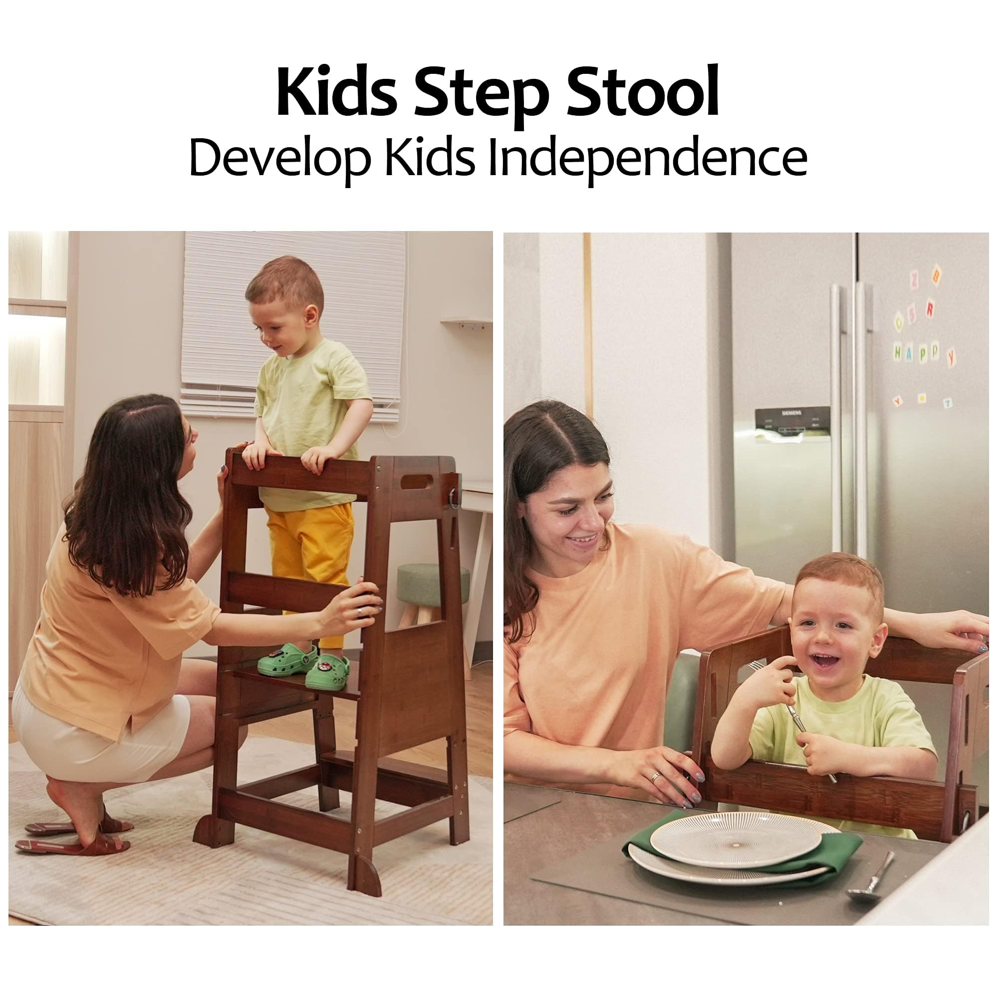 TOETOL Adjustable Bamboo Toddler Step Stool - Anti-Slip Kitchen Helper Tower for Kids | Safe Learning Stool for Cooking, Baking & Playtime Activities