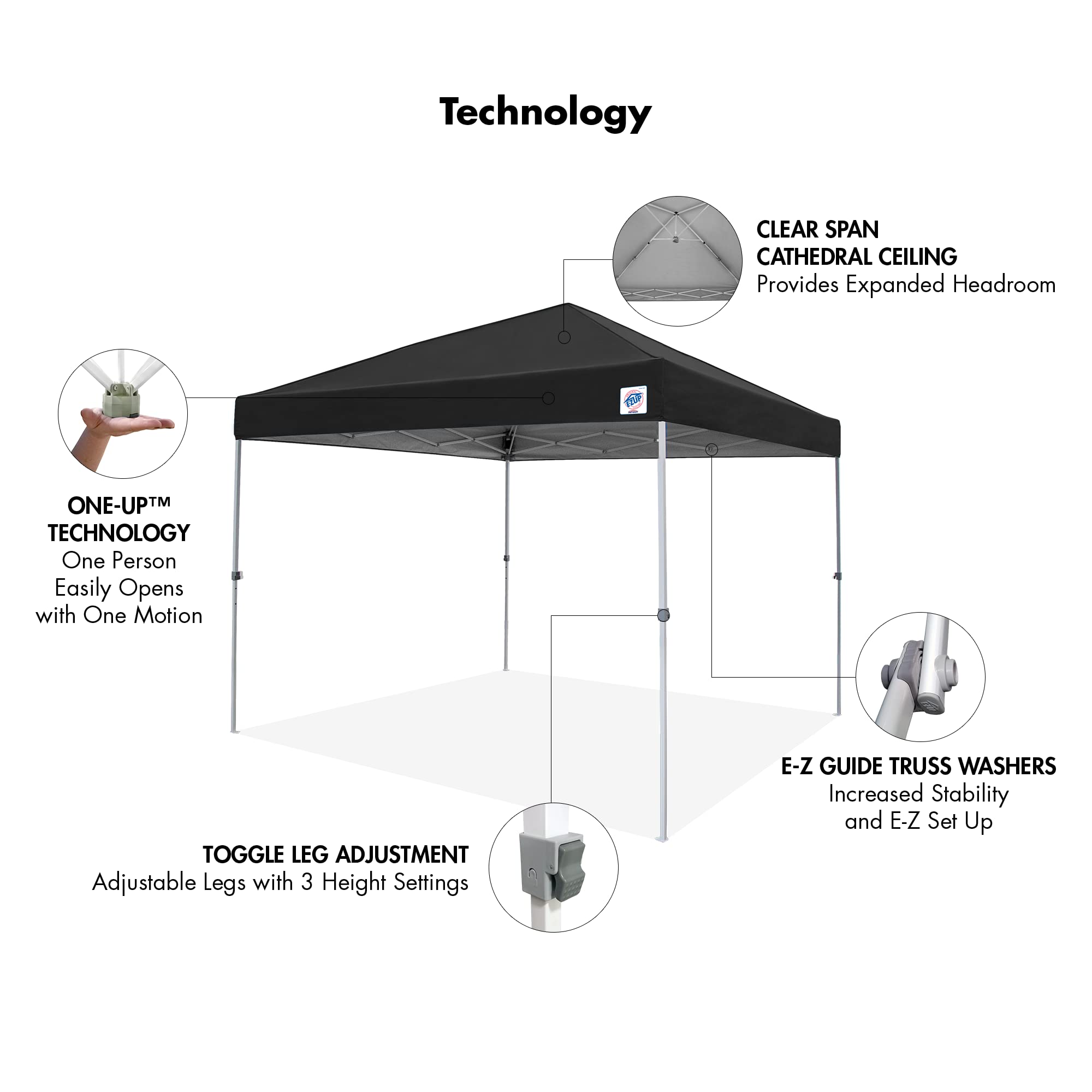 E-Z UP Patriot ONE-UP Technology Shelter - 10' x 10' Instant Canopy Tent with Carry Bag, Black (PTSBK10) - Perfect for Outdoor Events, Camping, and Tailgating