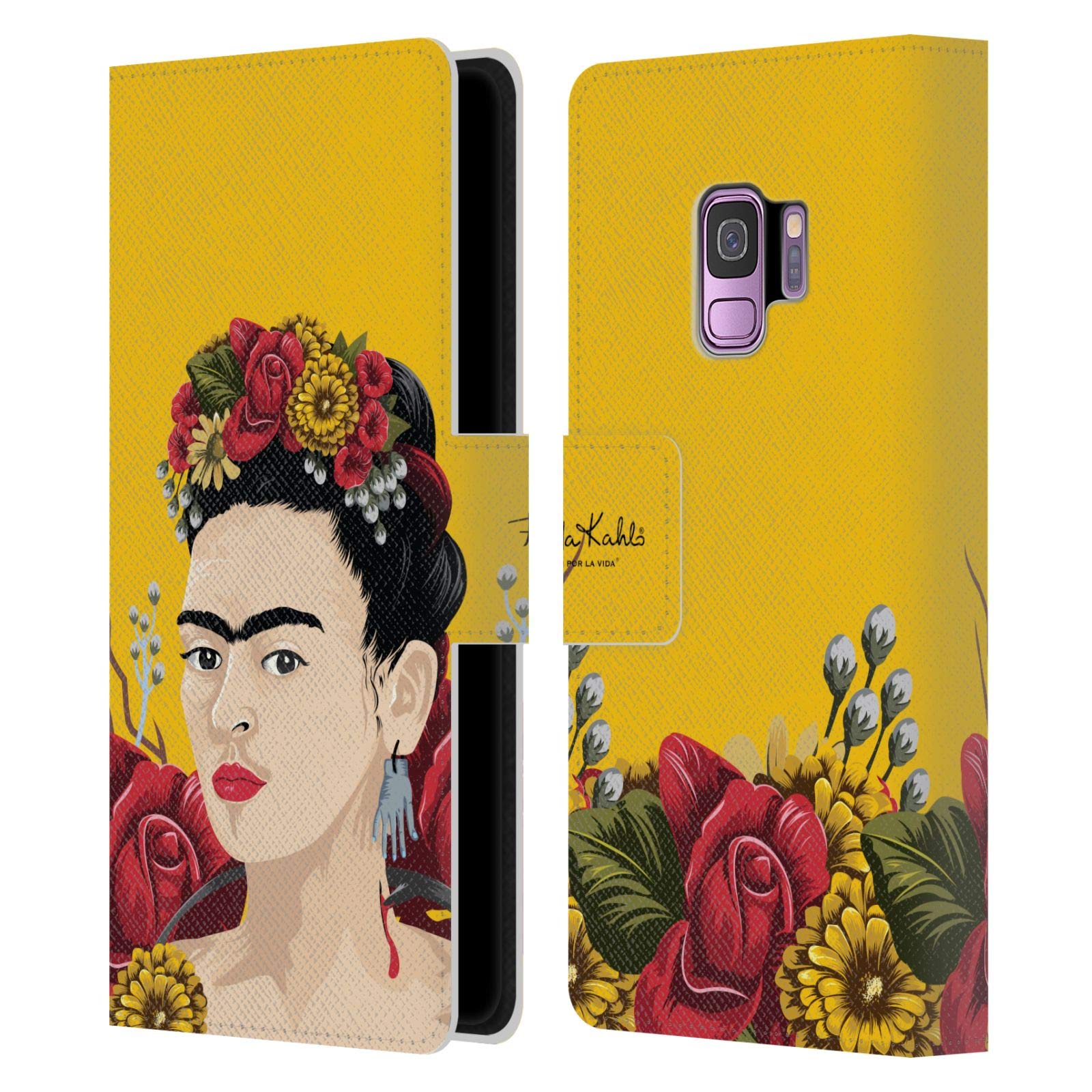 Head Case Designs Officially Licensed Frida Kahlo Portrait Red Florals Leather Book Wallet Case Cover for Samsung Galaxy S9 - Perfect for Work, Travel & Daily Protection