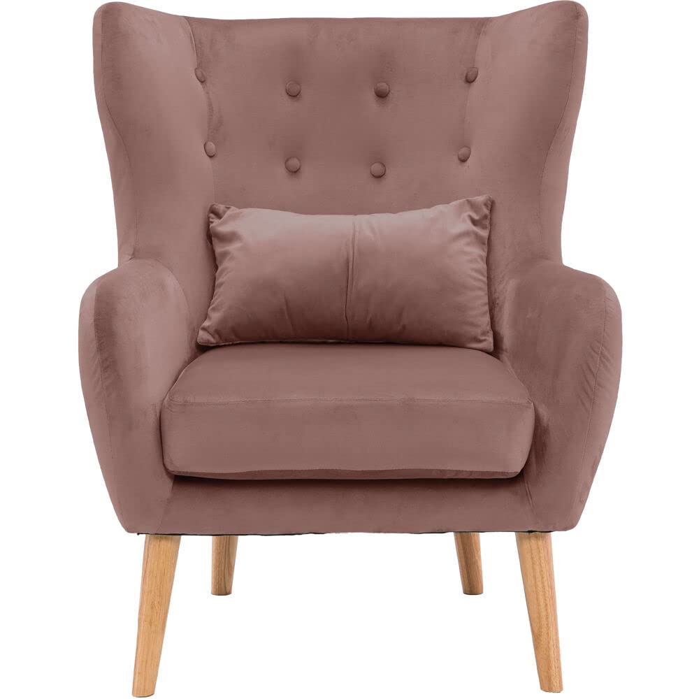 Critter Sitters Faux-Velvet Wingback Accent Chair with Lumbar Pillow & Wooden Legs - Comfortable Dusty Rose Pink Armchair for Living Room, Bedroom, Office, Nursery | Stylish Home Decor & Cozy Seating Solution