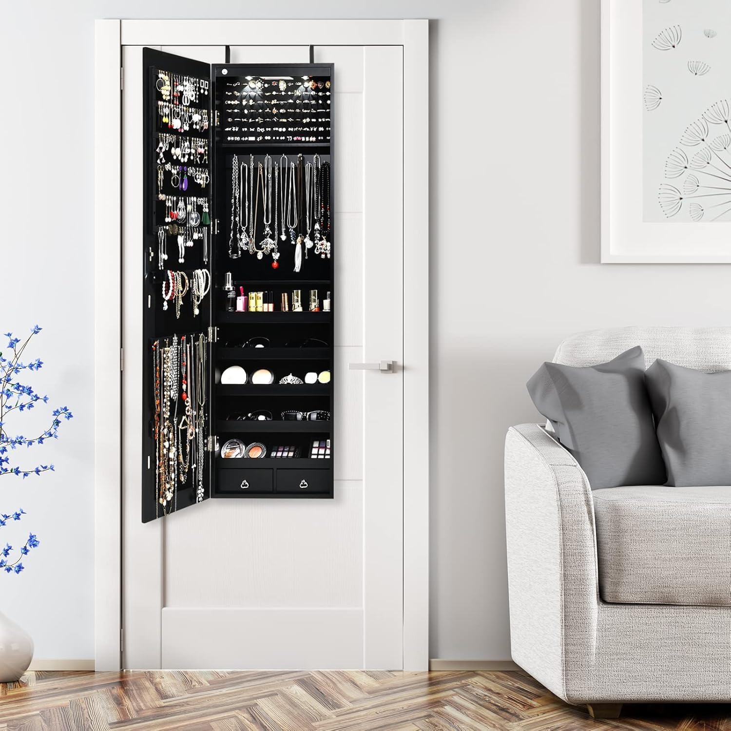Black Jewelry Armoire with LED Lights & Drawers - Bedroom Storage Organizer for Necklaces & Rings