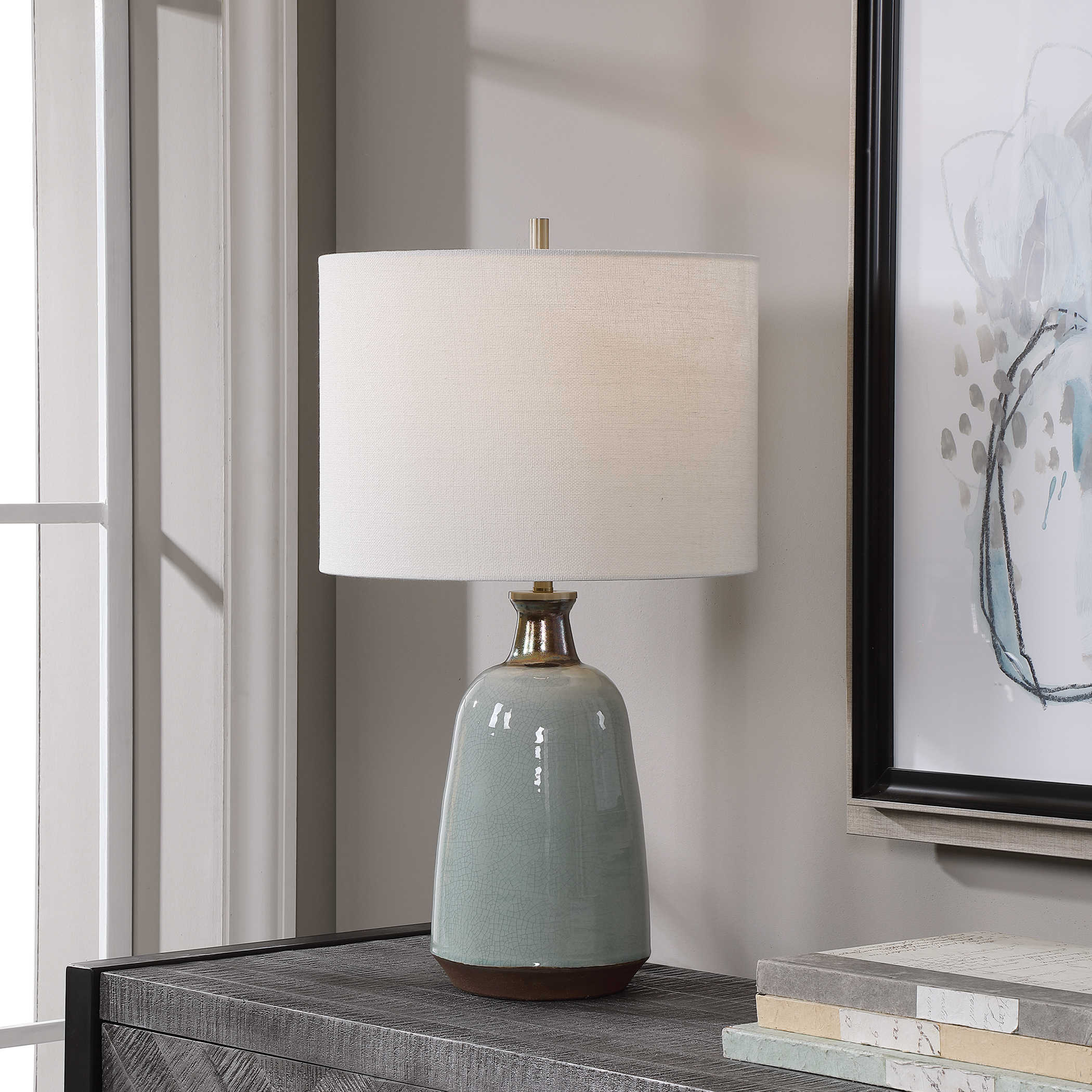 Turquoise Crackle Ceramic Table Lamp - Handmade Boho Bedside Light for Living Room, Bedroom, Office Decor (Only 1 Left in Stock) - Perfect for Cozy Reading Nooks, Nightstand Lighting & Home Styling
