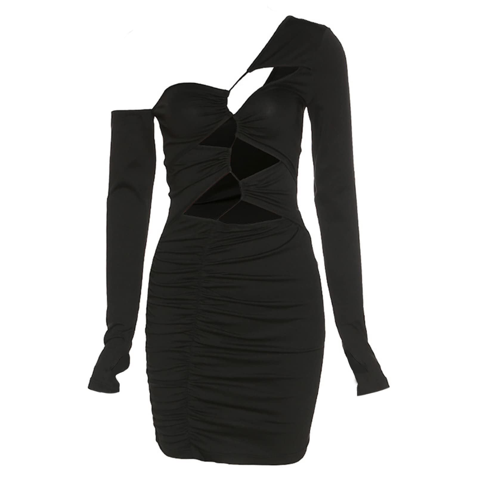 FlekmanArt Women's Sexy Hollow Out Wrap Mini Dress - Long Sleeve One Shoulder Summer Casual Dress in Solid Colors | Perfect for Beach Vacations, Date Nights & Party Outfits