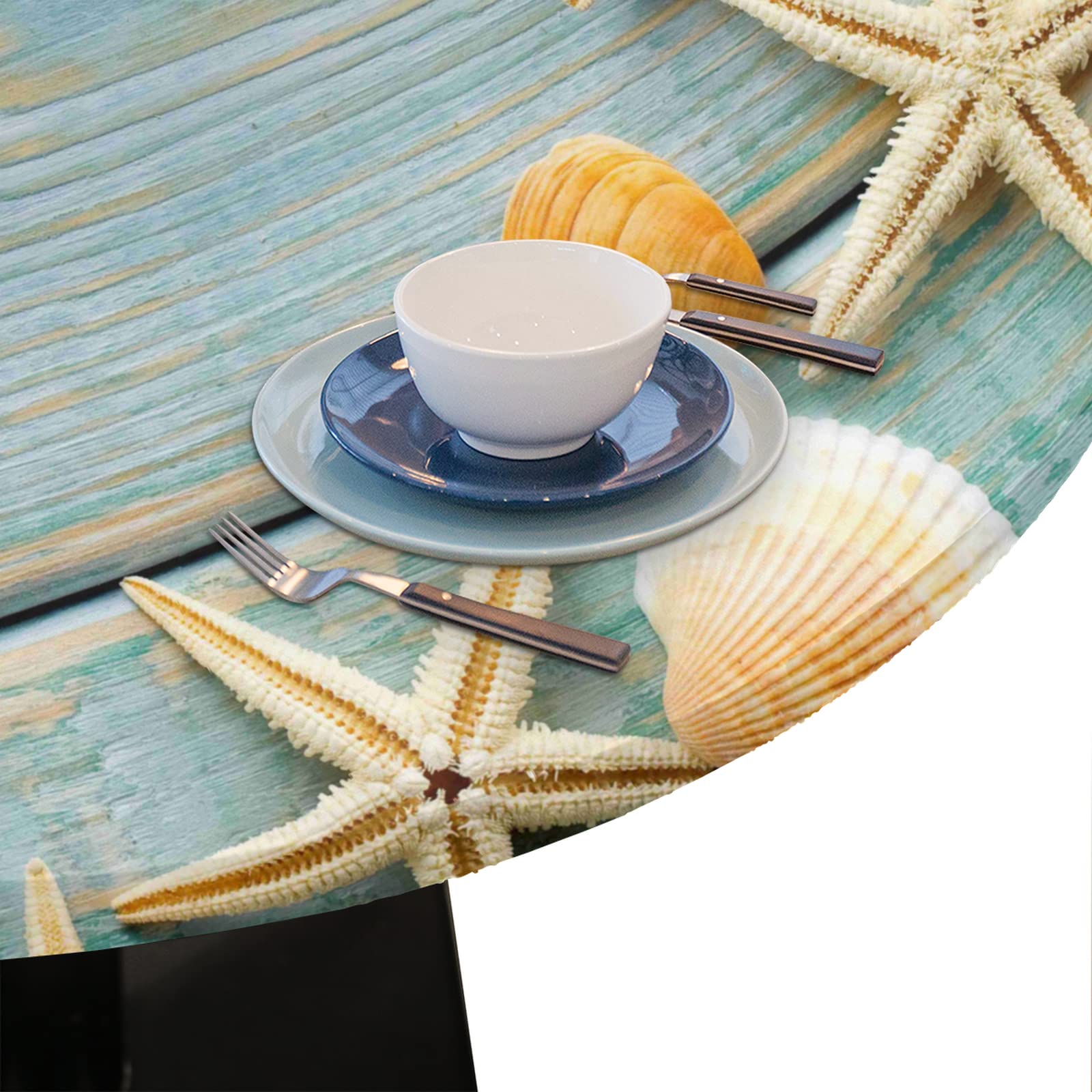 Beach Wooden Starfish Round Tablecloth with Elastic Edge - Summer Ocean Seashells Fitted Table Cover for Dining, Kitchen, Party (45