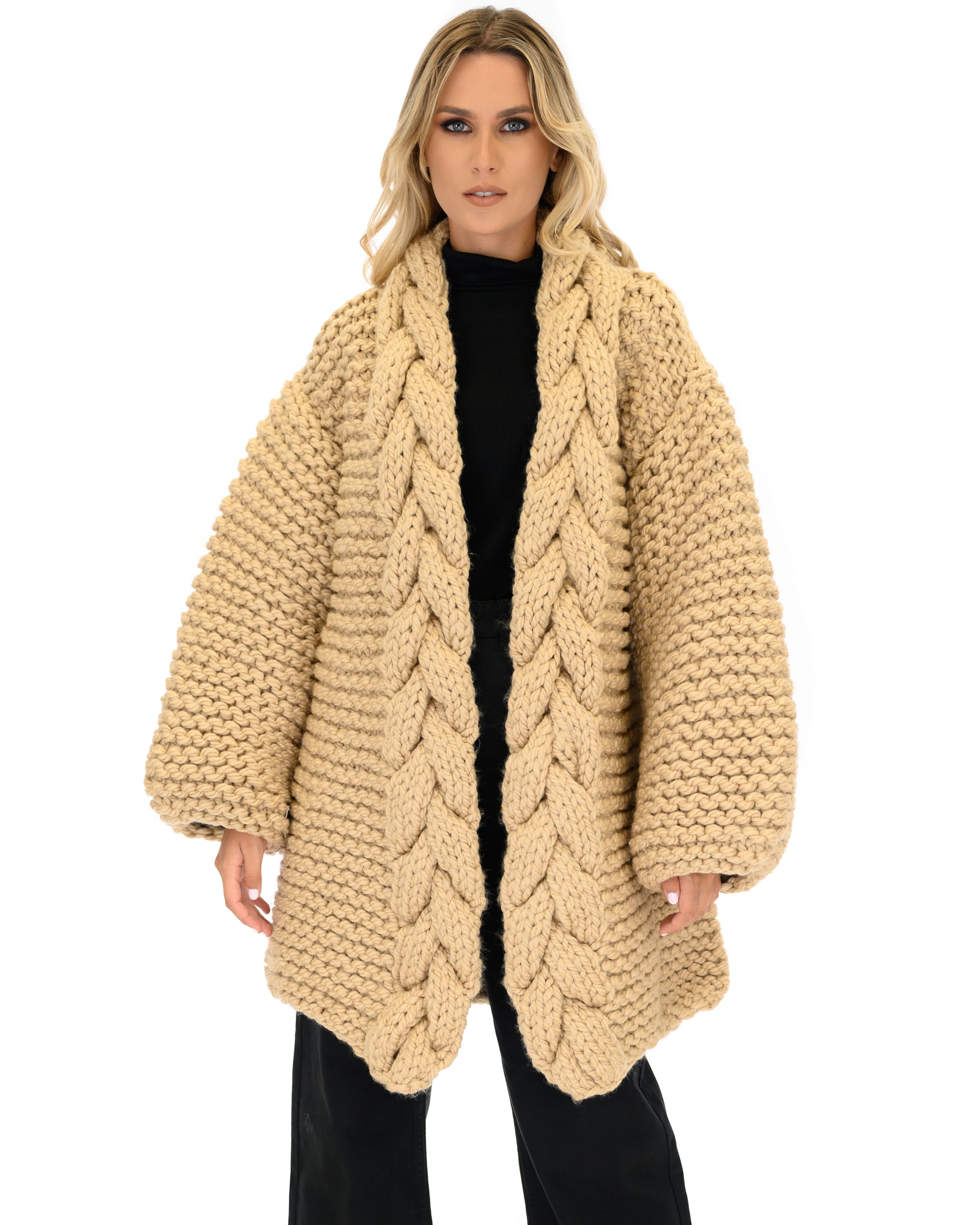 Women's Cable Knit Coat - Soft Wool Winter Jacket for Ladies - Perfect for Cold Weather, Office Wear & Casual Outfits