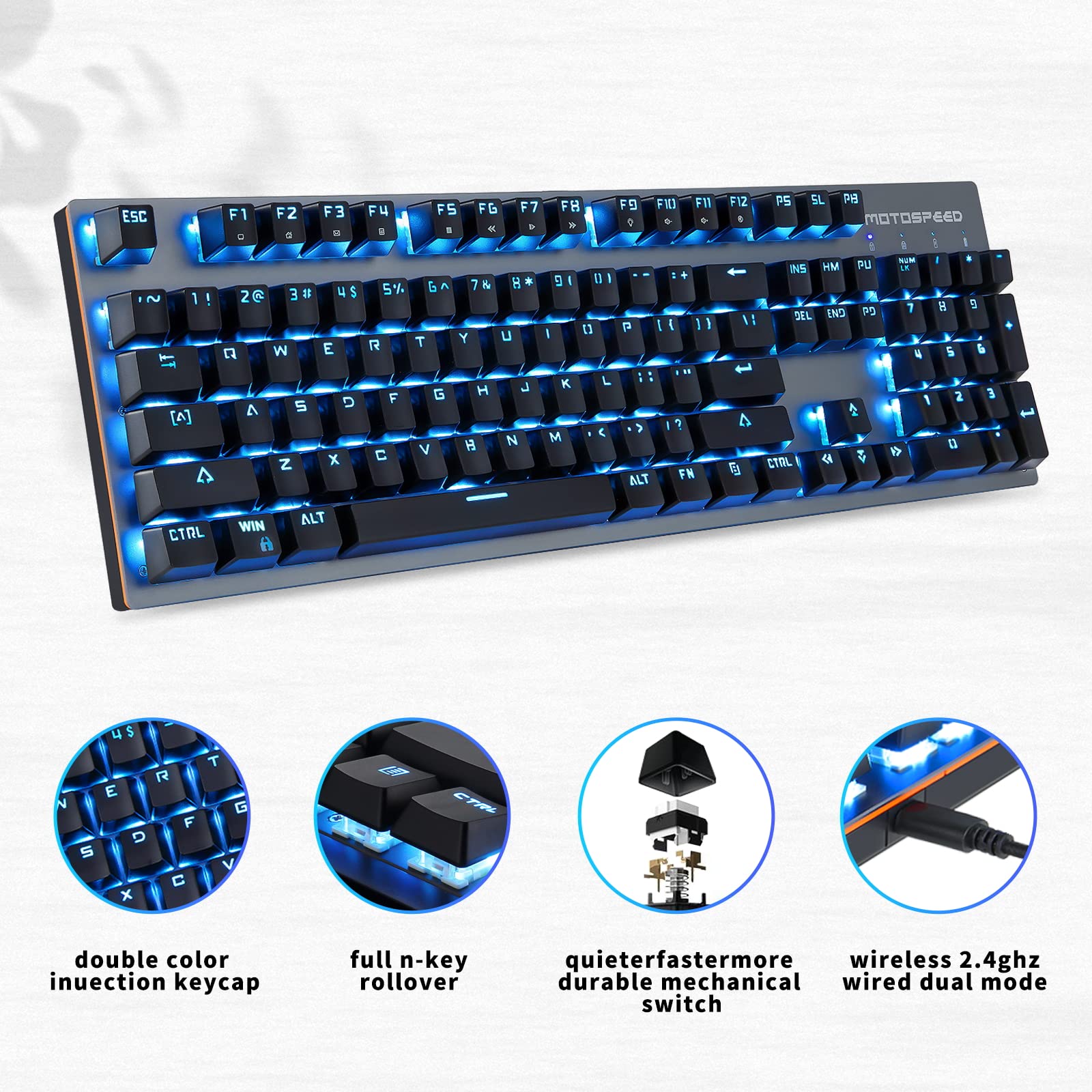 MOTOSPEED 2.4GHz Wireless & USB Wired Mechanical Gaming Keyboard - 104 Keys with Blue Switches & LED Backlit - Compatible with Mac, PC, Laptop - Perfect for Gaming, Typing & Office Work