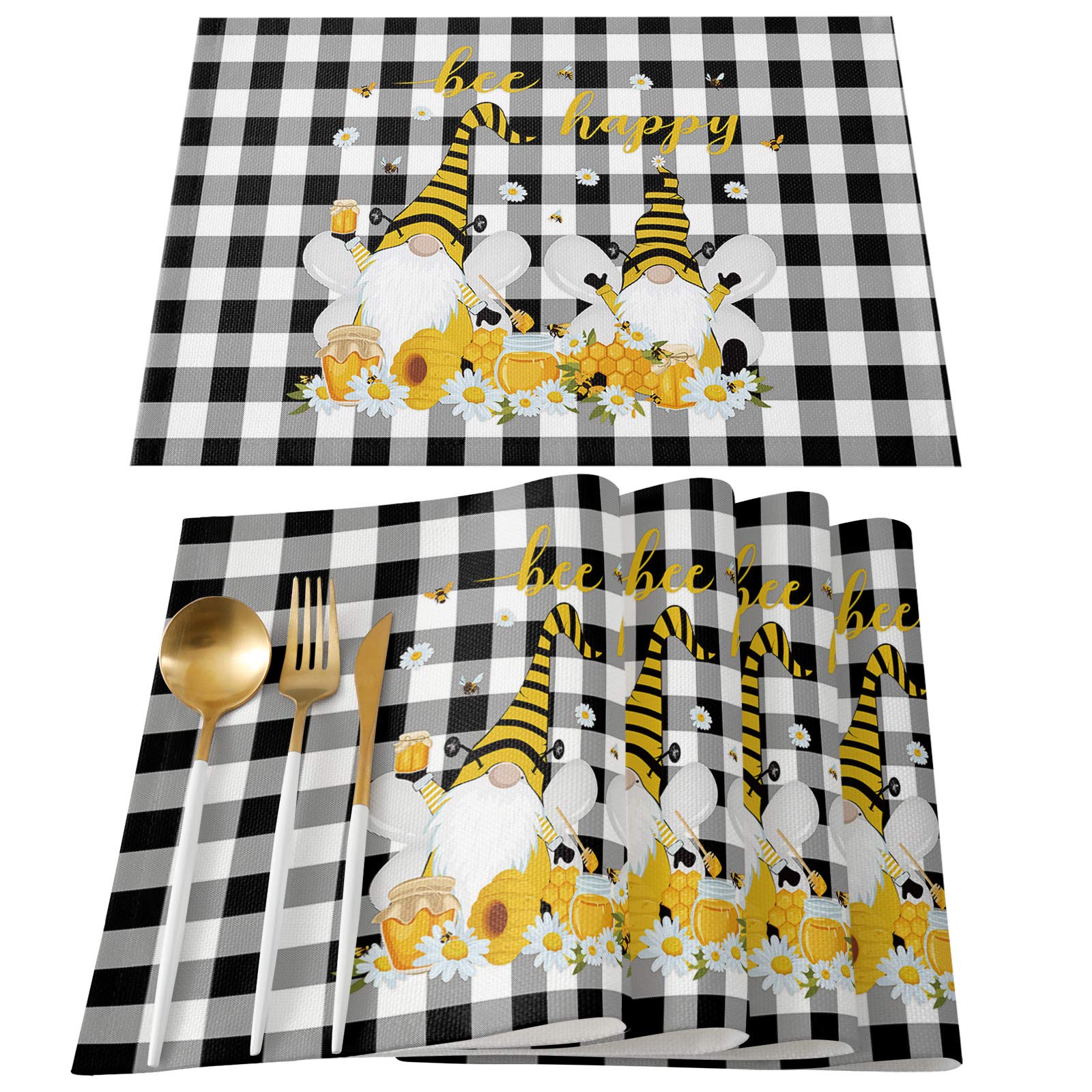 **Gnome Honey Daisy Bee Washable Placemats Set of 4 - 13