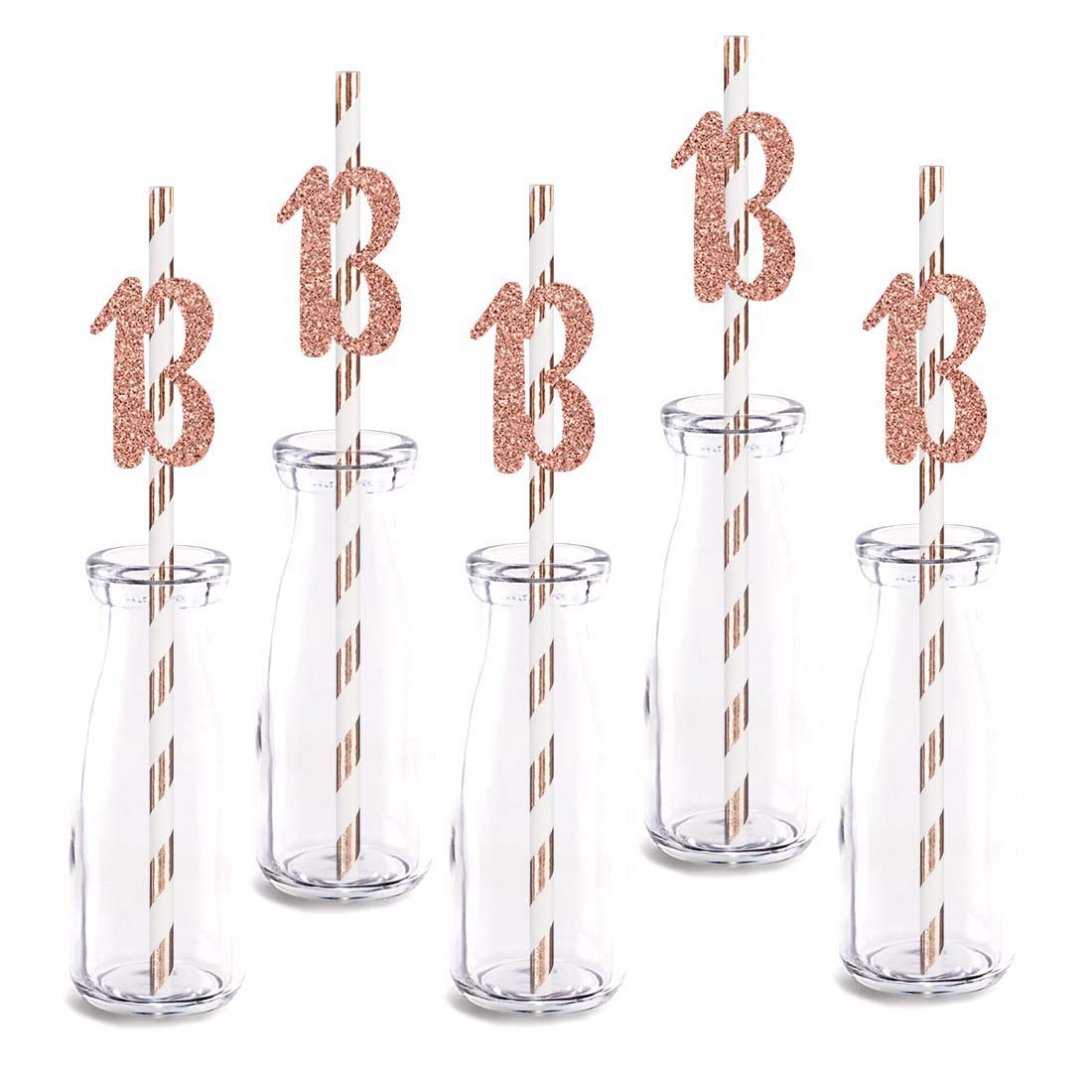 Rose Gold Glitter 13th Birthday Straw Decorations - 24pcs Cut-Out Number 13 Party Drinking Straws for Teen Birthday Celebrations, Sweet 16, Graduation Parties & Special Events