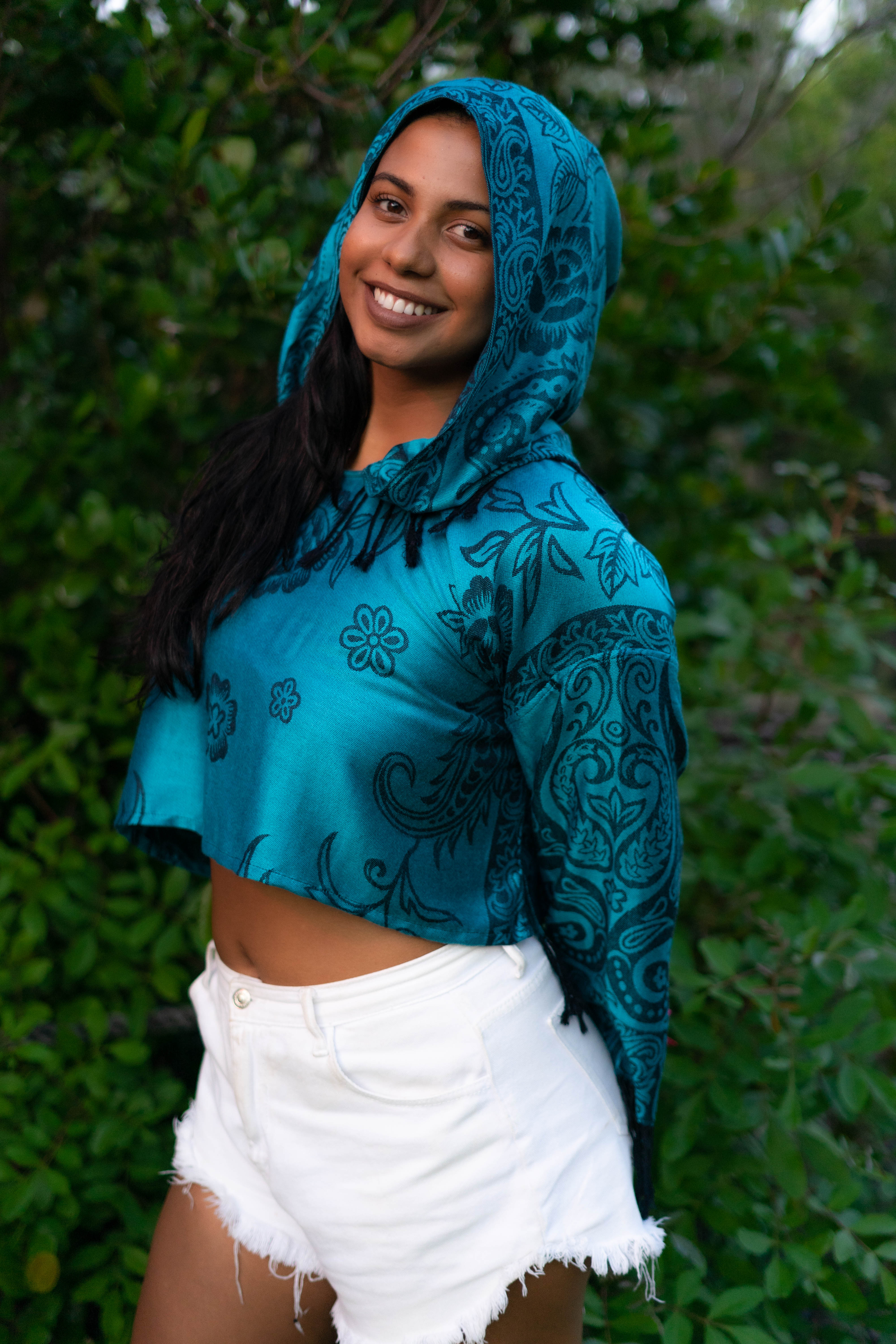 PASH LS Crop Top - Floral Print Turquoise & Black Women's Fashion Tops for Casual Wear, Street Style, and Layering